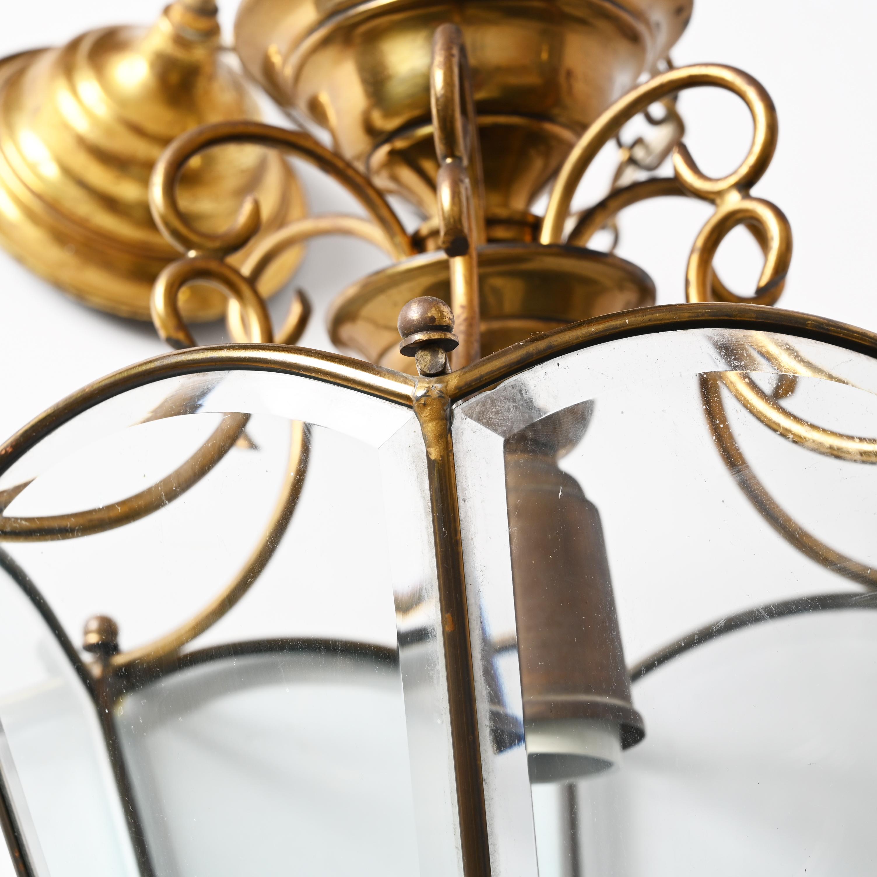 Brass and Beveled Glass Hexagonal Italian Chandelier After Adolf Loos, 1950s For Sale 11