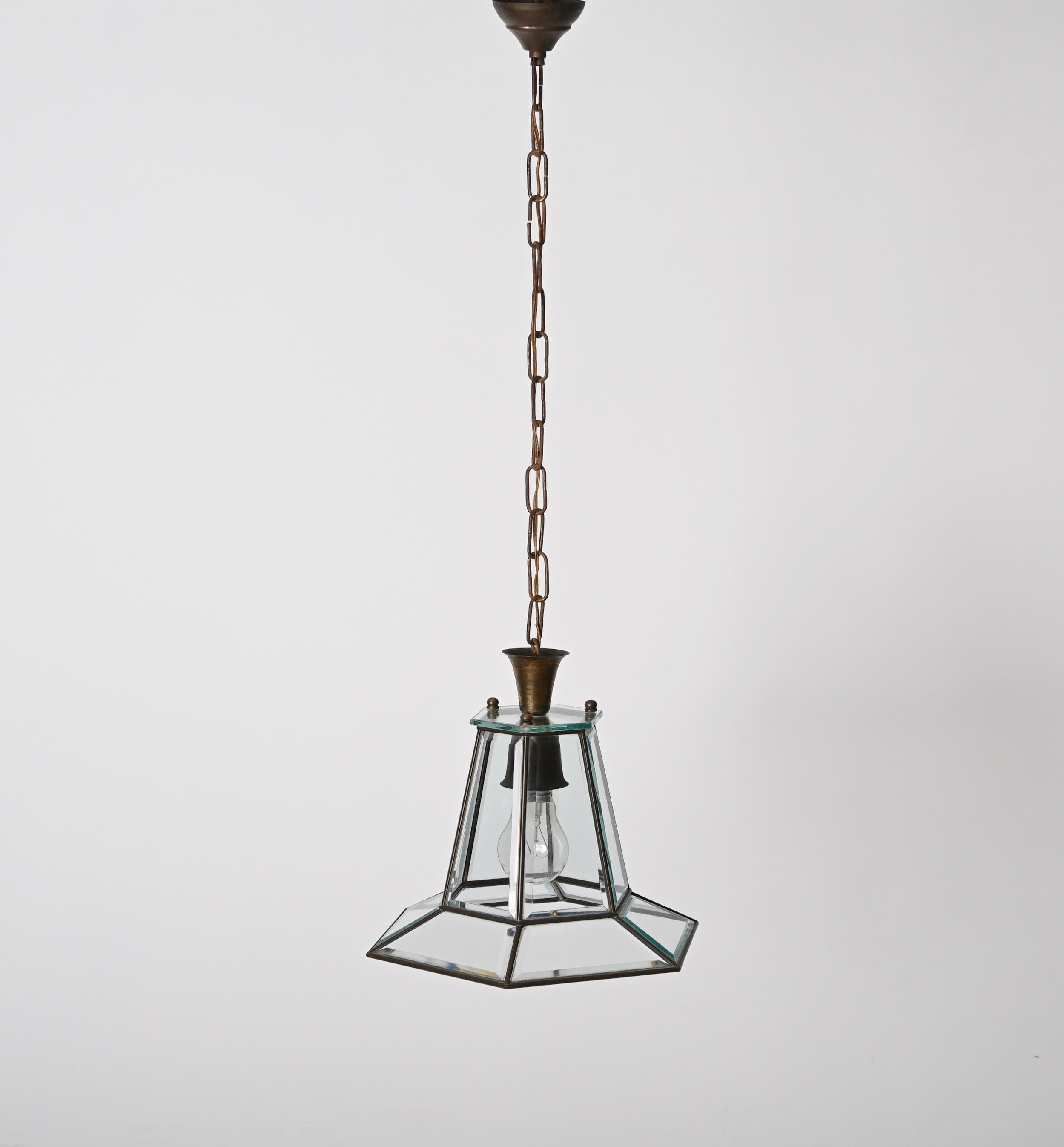 Brass and Beveled Glass Hexagonal Italian Chandelier After Adolf Loos, 1950s For Sale 10