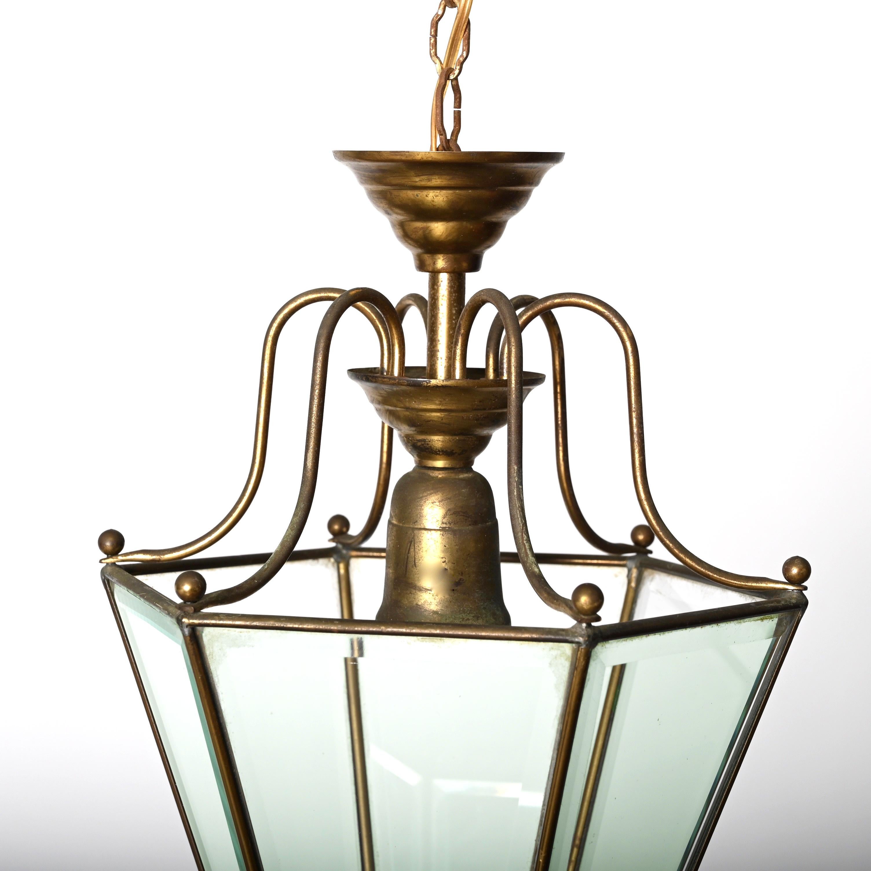 Brass and Beveled Glass Hexagonal Italian Chandelier After Adolf Loos, 1950s For Sale 11