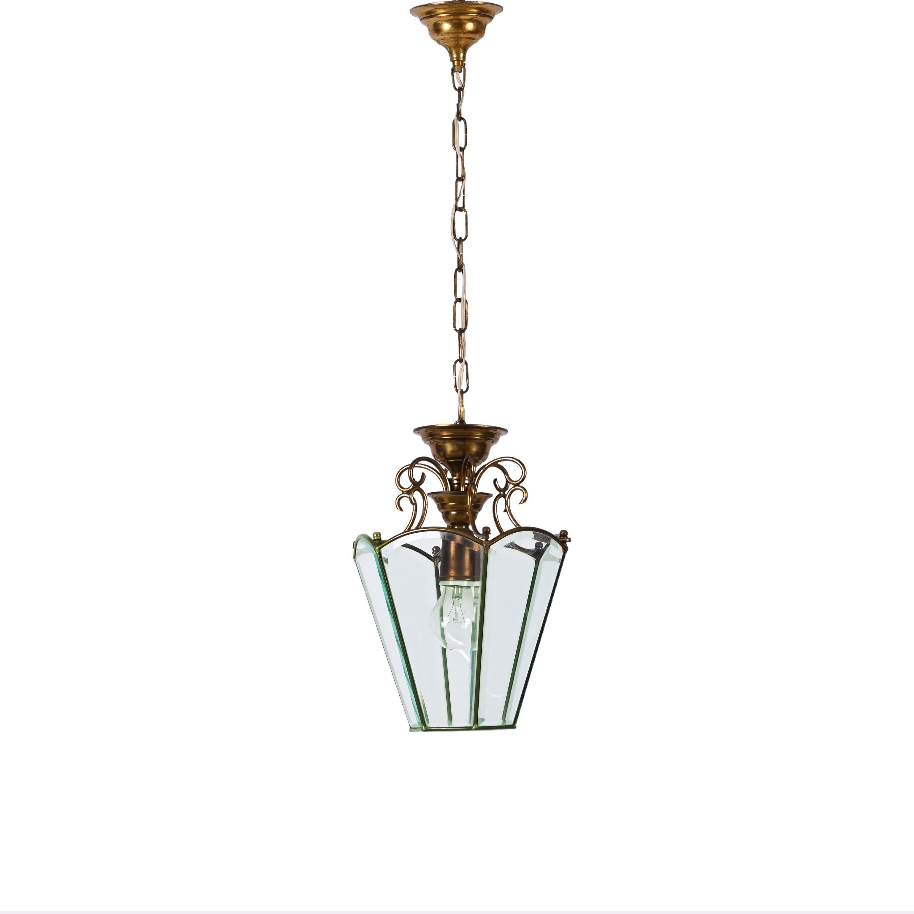 Brass and Beveled Glass Hexagonal Italian Chandelier After Adolf Loos, 1950s For Sale 12