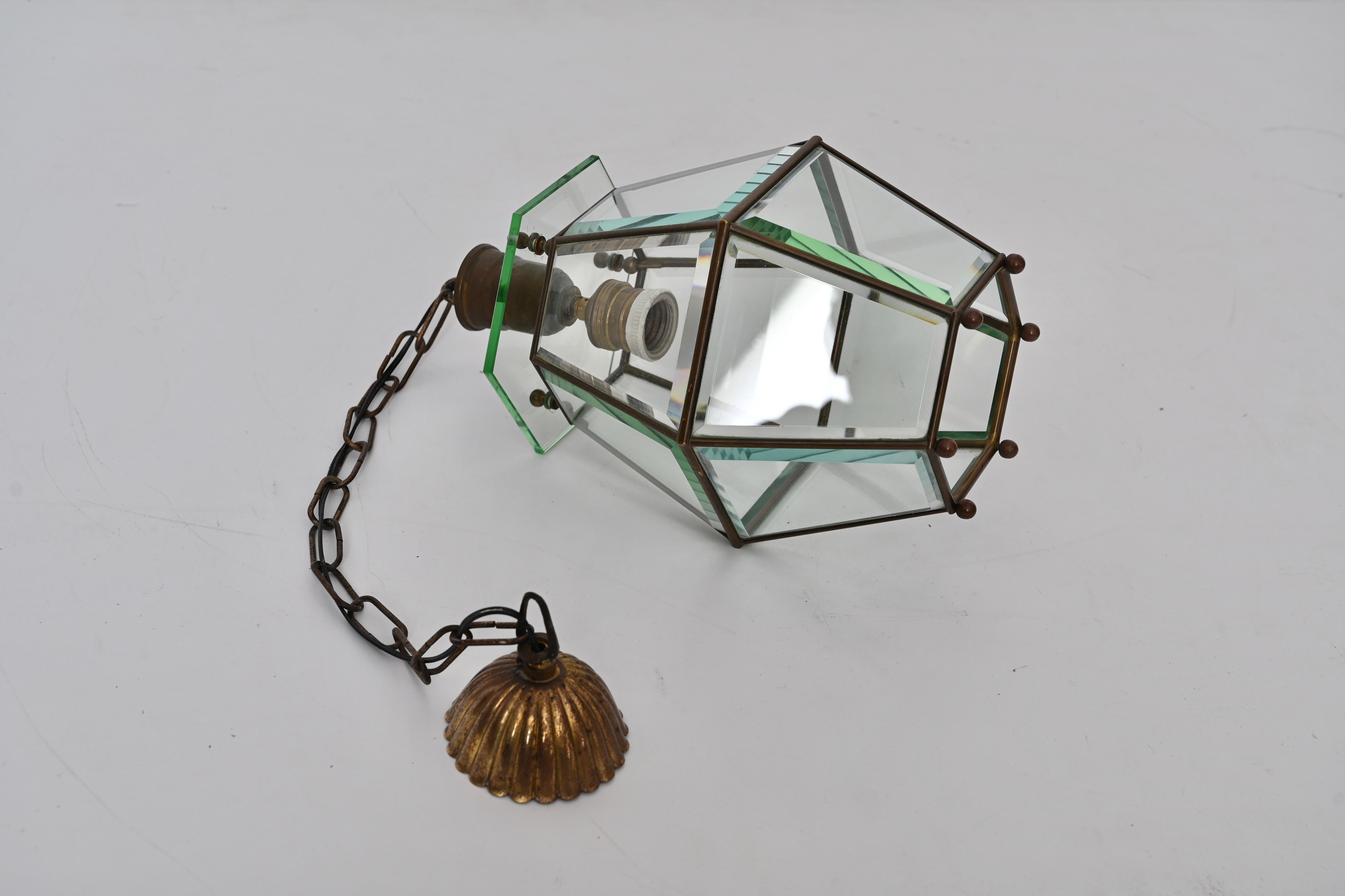 Brass and Beveled Glass Hexagonal Italian Chandelier after Adolf Loos, 1950s For Sale 11