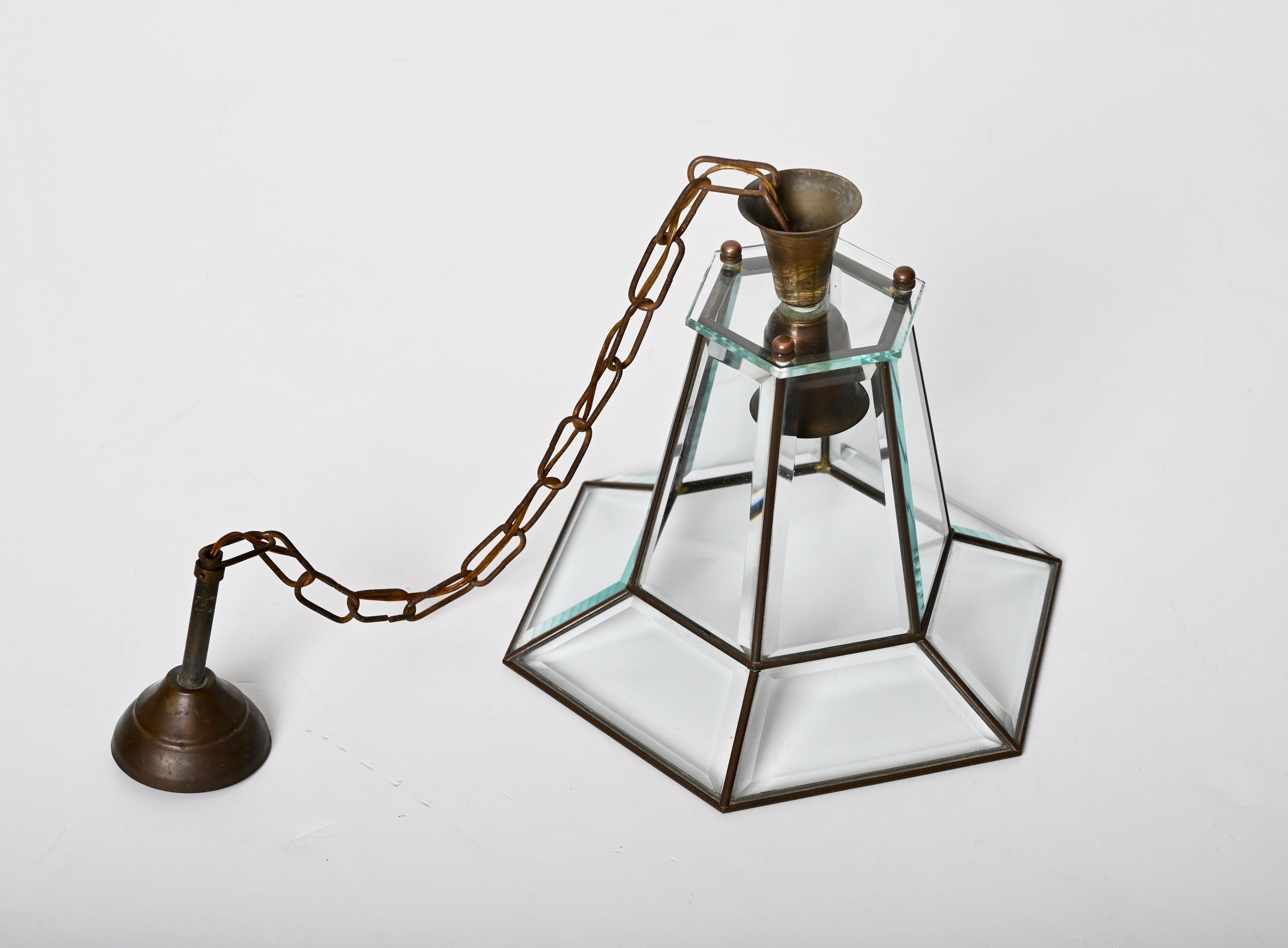 Brass and Beveled Glass Hexagonal Italian Chandelier After Adolf Loos, 1950s For Sale 12