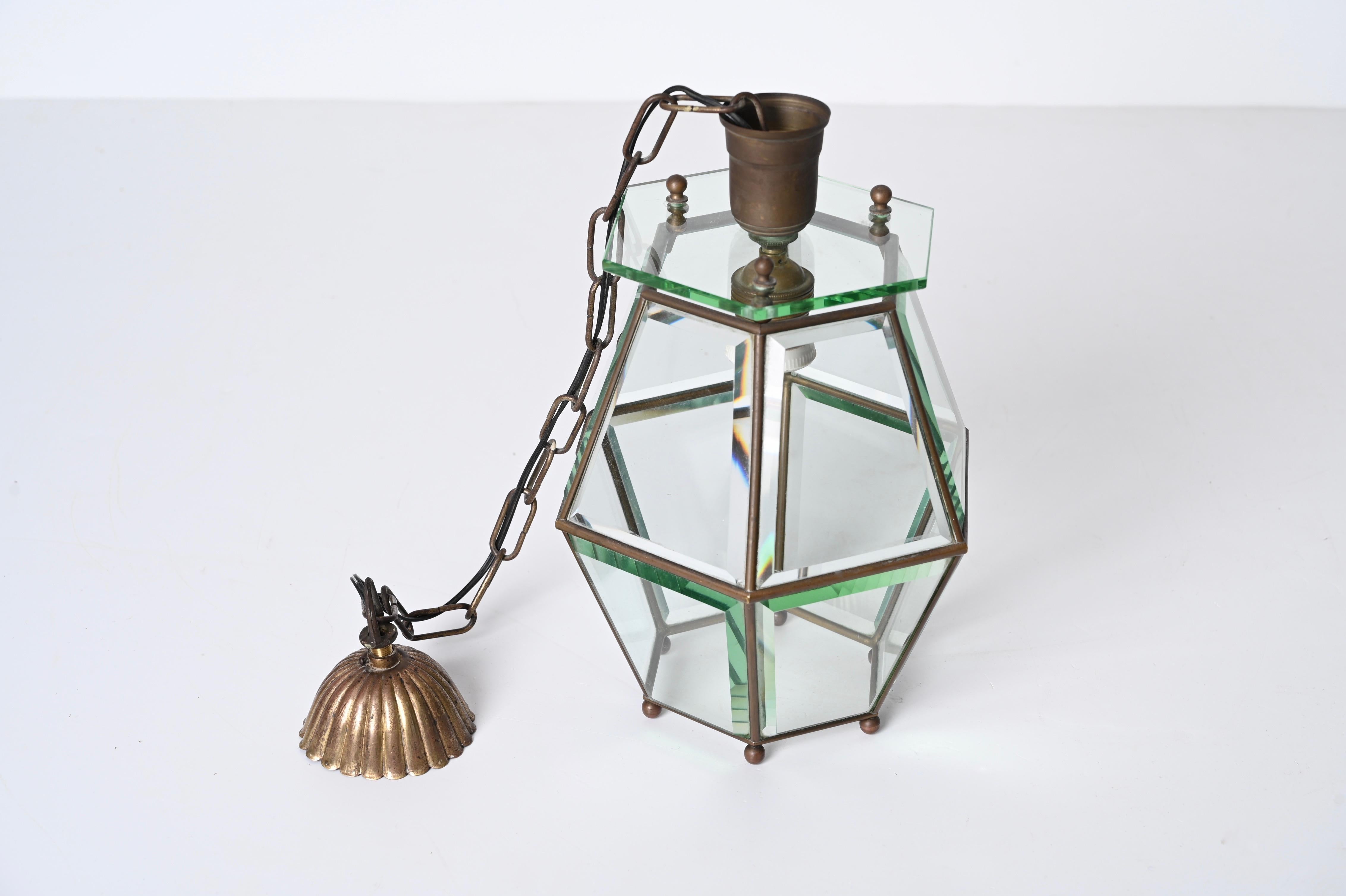 Brass and Beveled Glass Hexagonal Italian Chandelier after Adolf Loos, 1950s For Sale 12