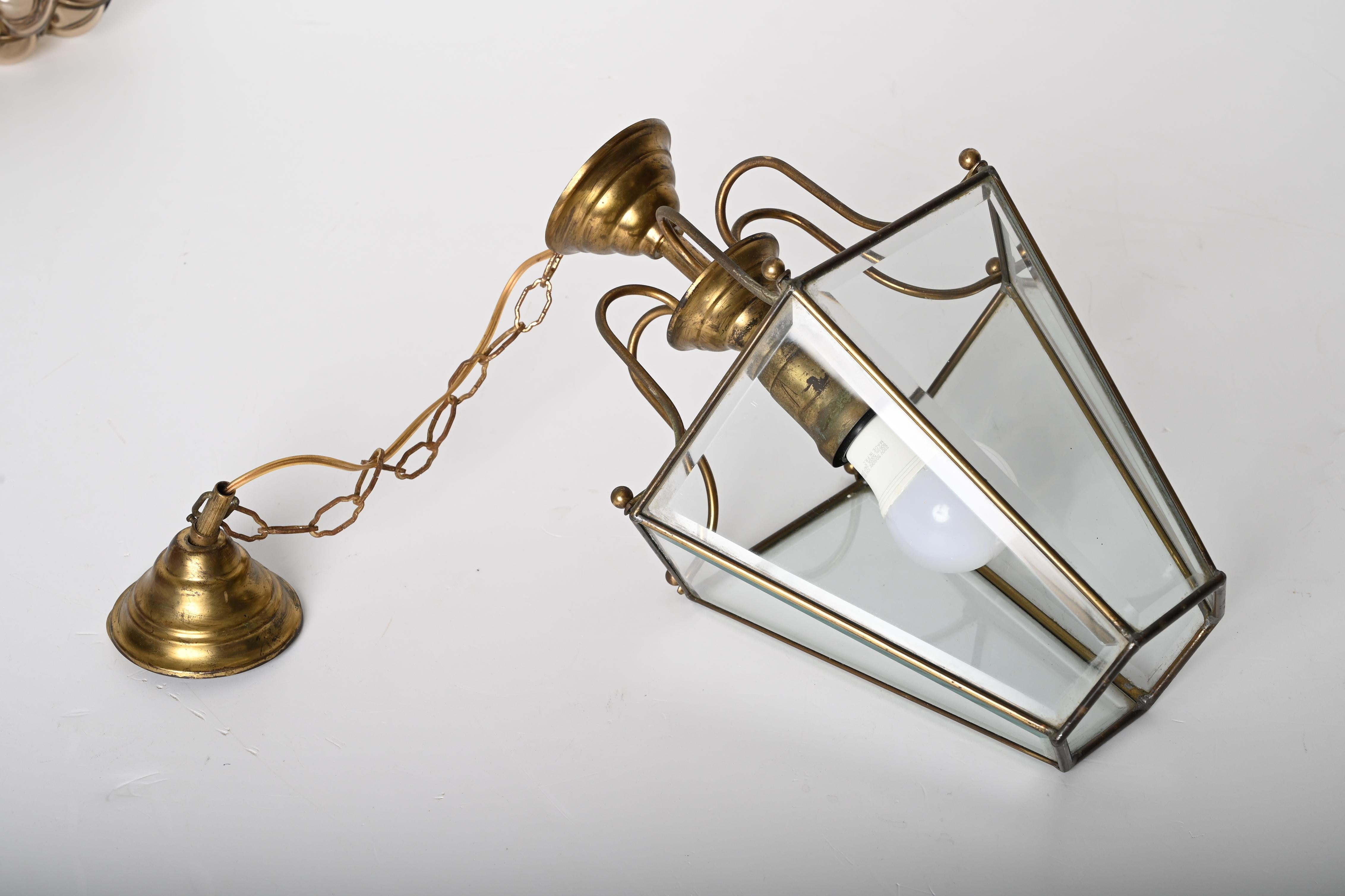 Brass and Beveled Glass Hexagonal Italian Chandelier After Adolf Loos, 1950s For Sale 13
