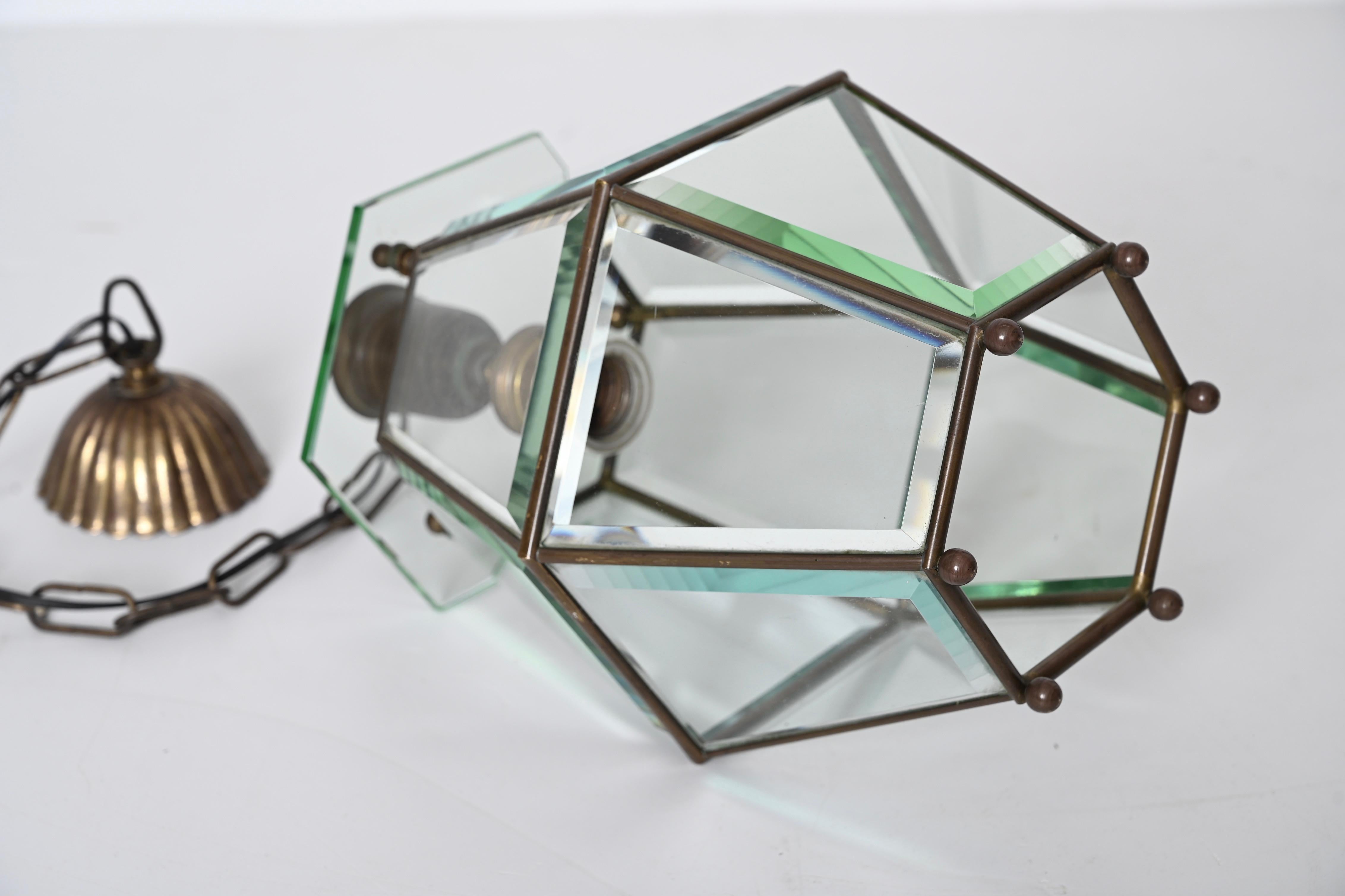 Brass and Beveled Glass Hexagonal Italian Chandelier after Adolf Loos, 1950s For Sale 13