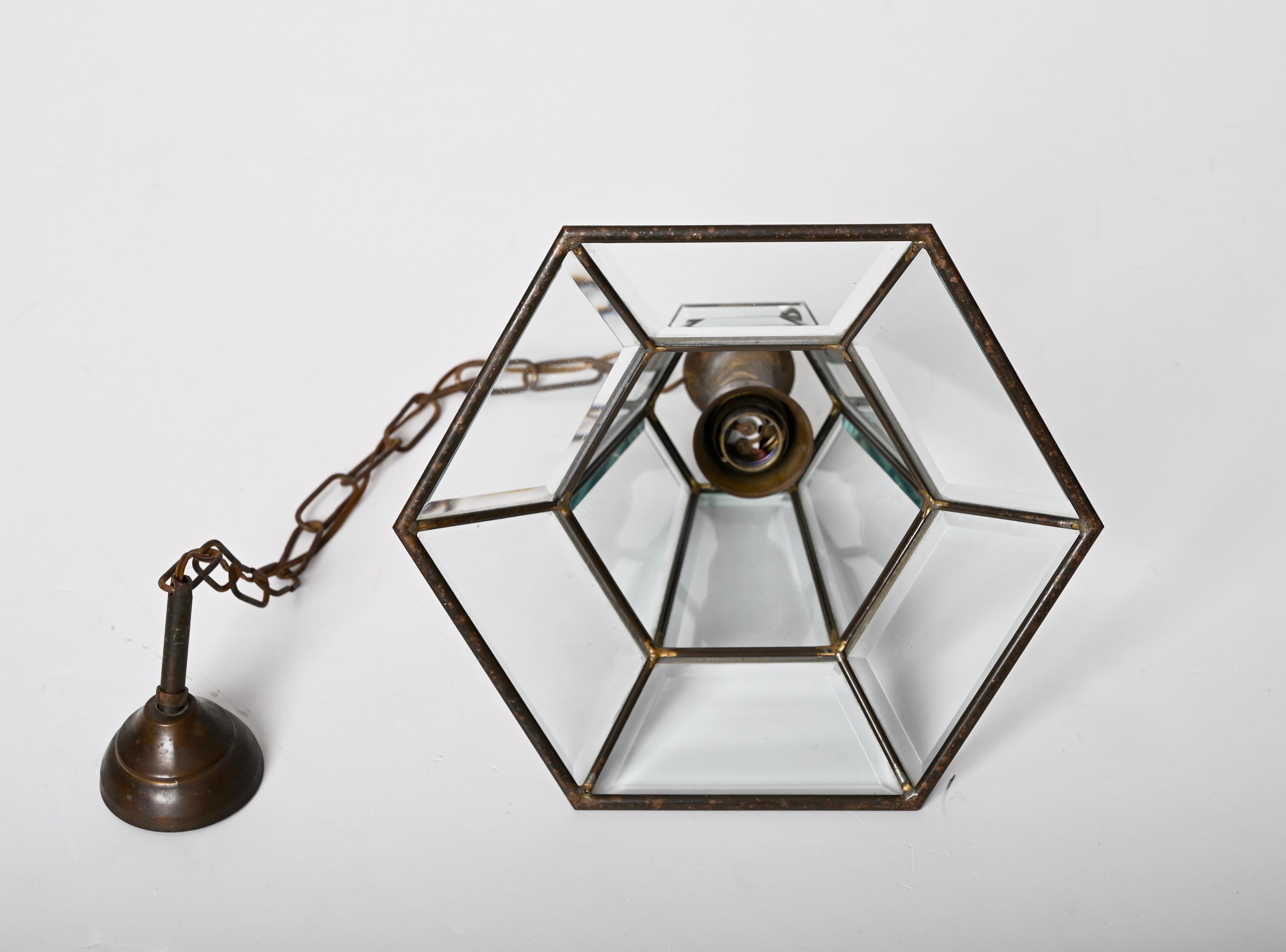 Brass and Beveled Glass Hexagonal Italian Chandelier After Adolf Loos, 1950s For Sale 14