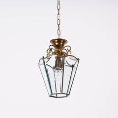 Brass and Beveled Glass Hexagonal Italian Chandelier After Adolf Loos, 1950s