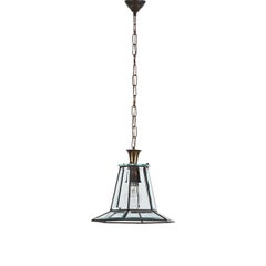 Brass and Beveled Glass Hexagonal Italian Chandelier After Adolf Loos, 1950s