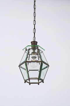 Brass and Beveled Glass Hexagonal Italian Chandelier after Adolf Loos, 1950s