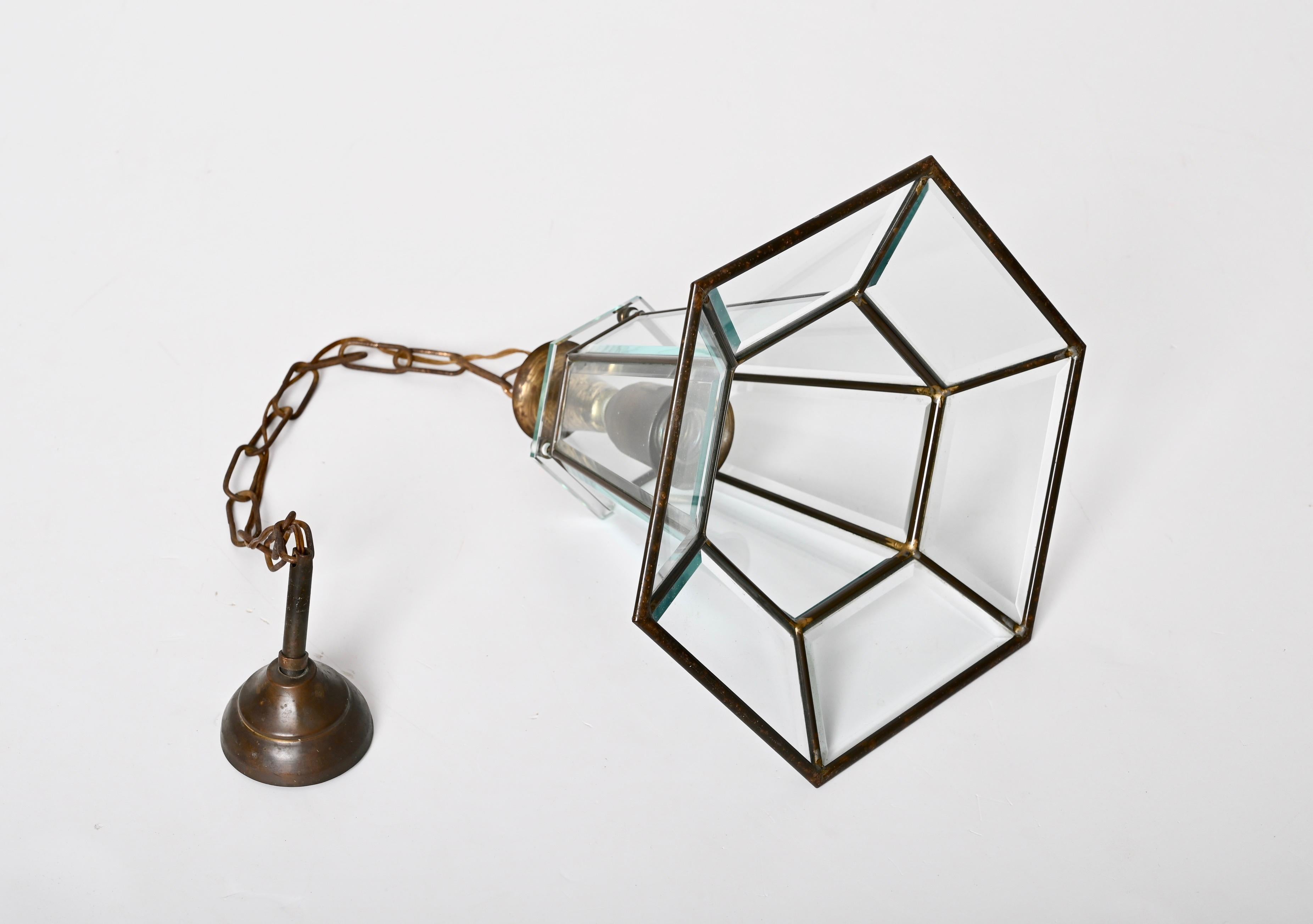 Brass and Beveled Glass Hexagonal Italian Chandelier After Adolf Loos, 1950s For Sale 15