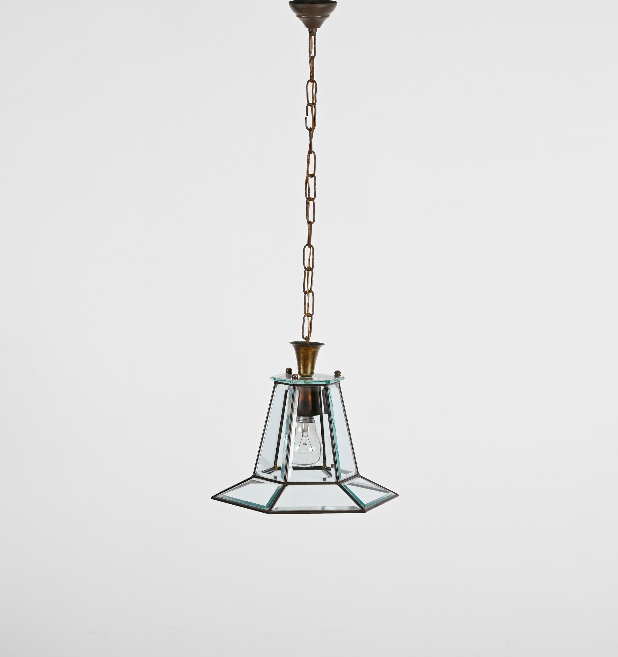 Mid-Century Modern Brass and Beveled Glass Hexagonal Italian Chandelier After Adolf Loos, 1950s For Sale