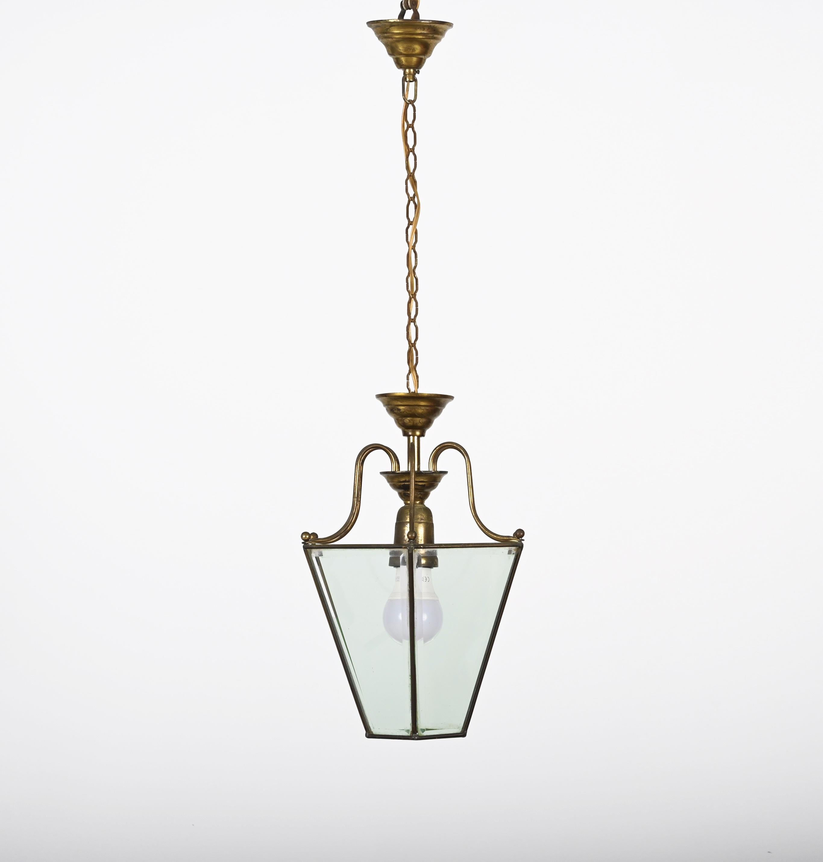 20th Century Brass and Beveled Glass Hexagonal Italian Chandelier After Adolf Loos, 1950s For Sale