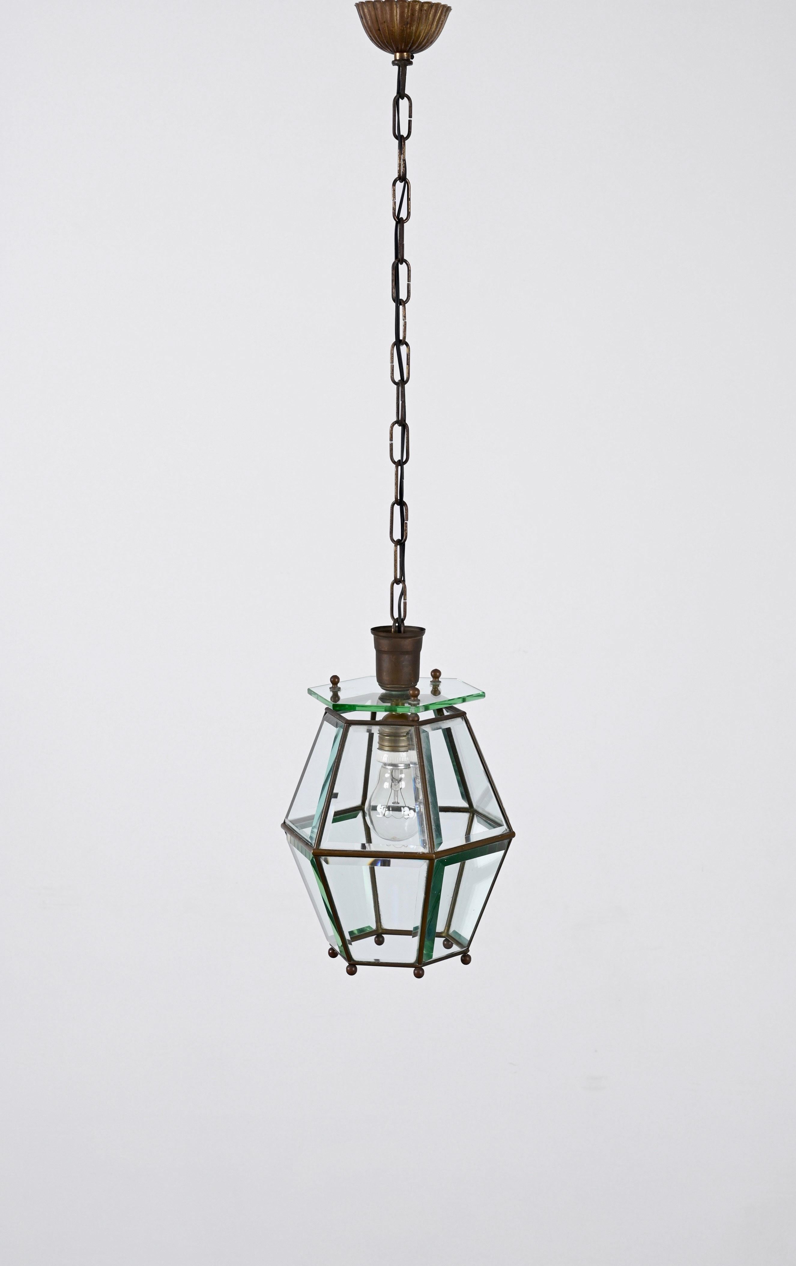 20th Century Brass and Beveled Glass Hexagonal Italian Chandelier after Adolf Loos, 1950s For Sale