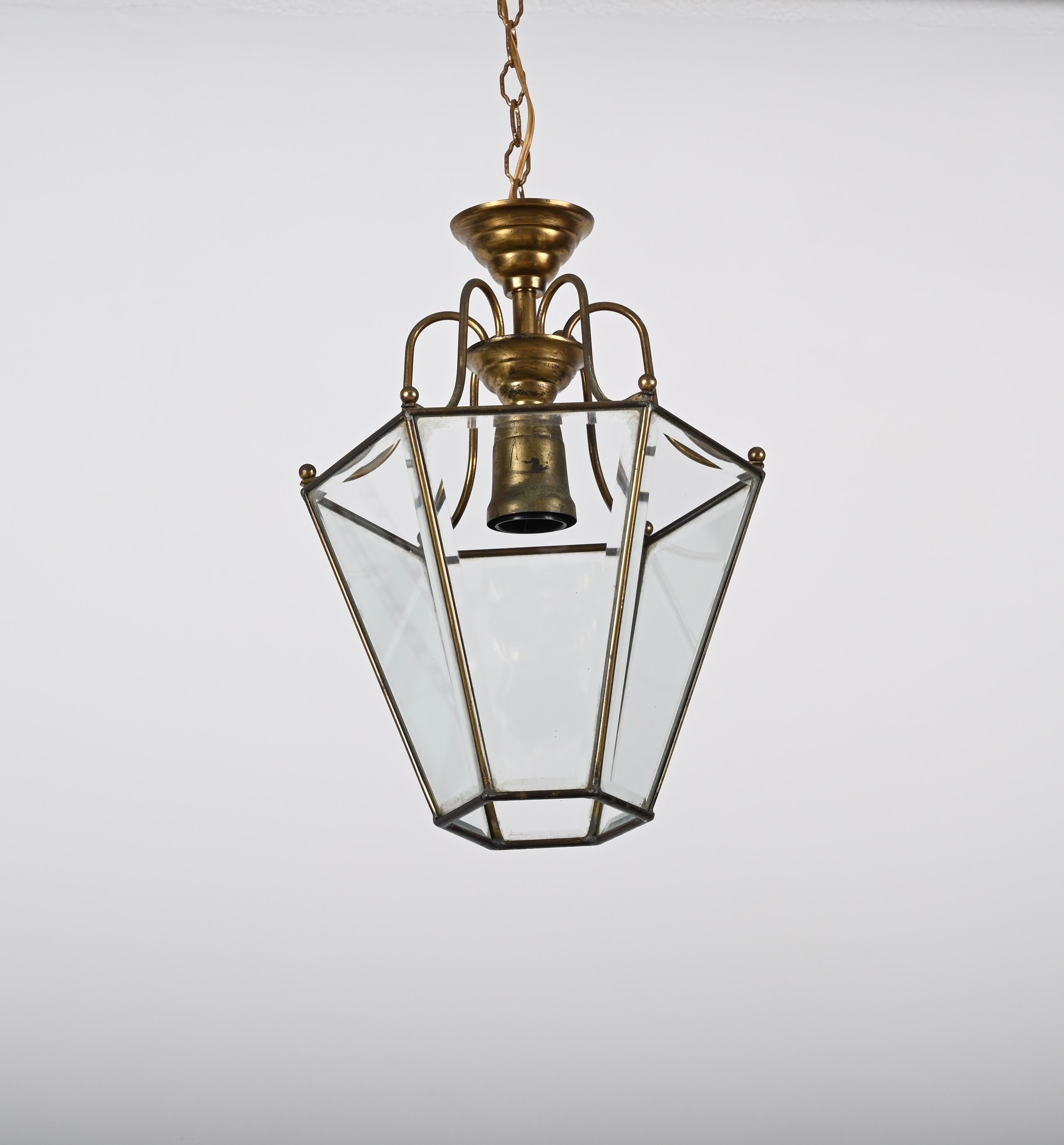 Brass and Beveled Glass Hexagonal Italian Chandelier After Adolf Loos, 1950s For Sale 1