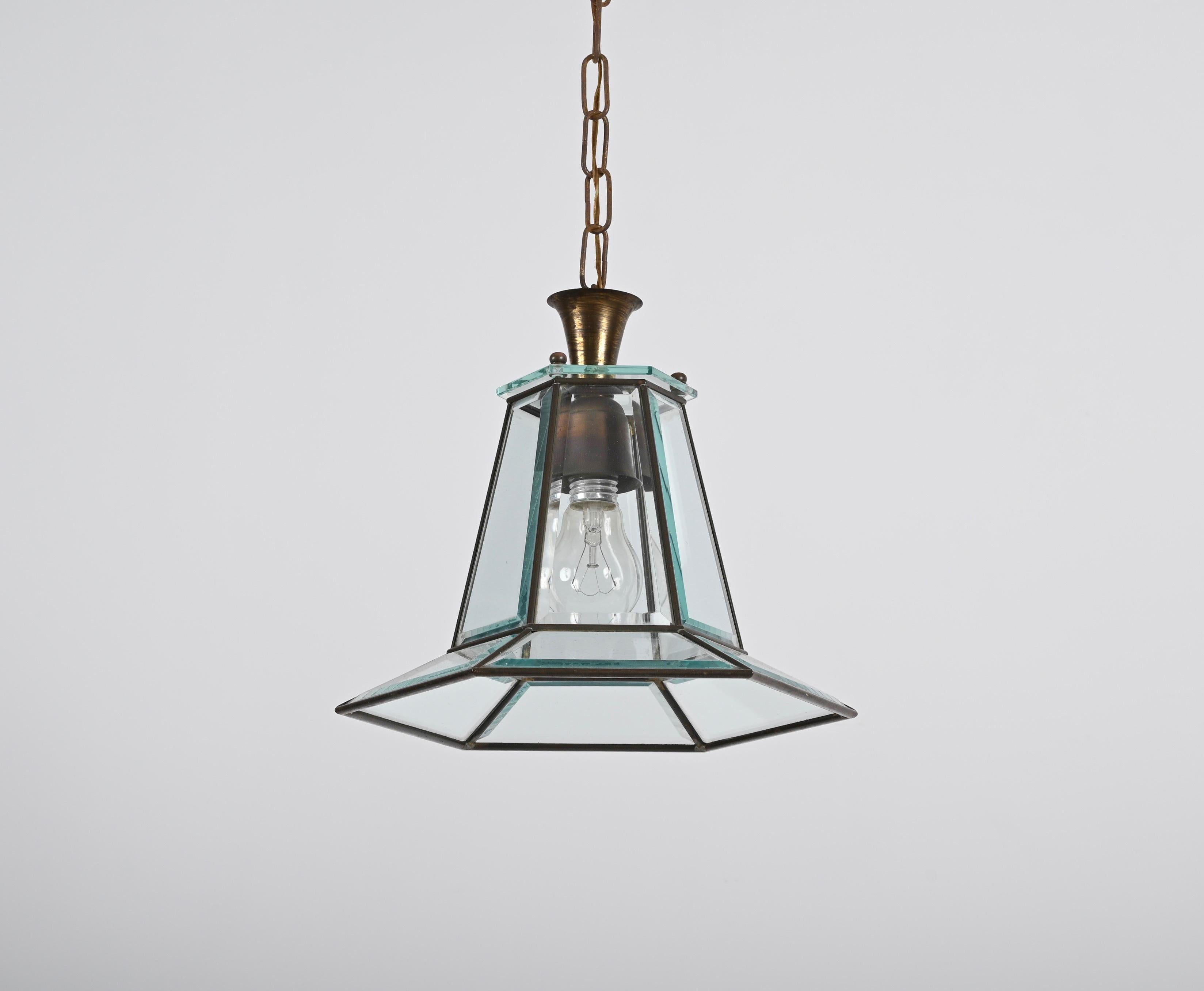 Brass and Beveled Glass Hexagonal Italian Chandelier After Adolf Loos, 1950s For Sale 2