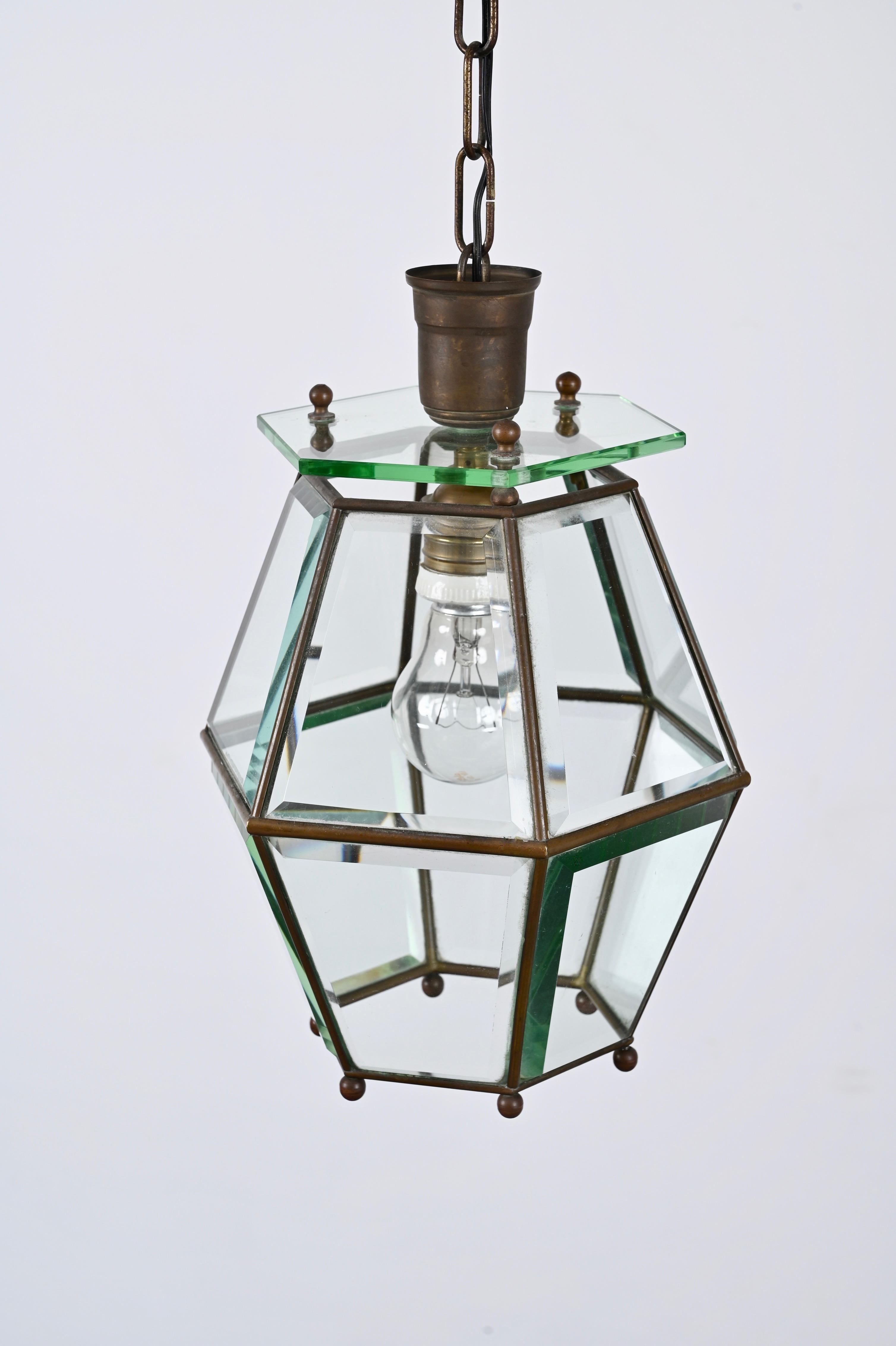 Brass and Beveled Glass Hexagonal Italian Chandelier after Adolf Loos, 1950s For Sale 2