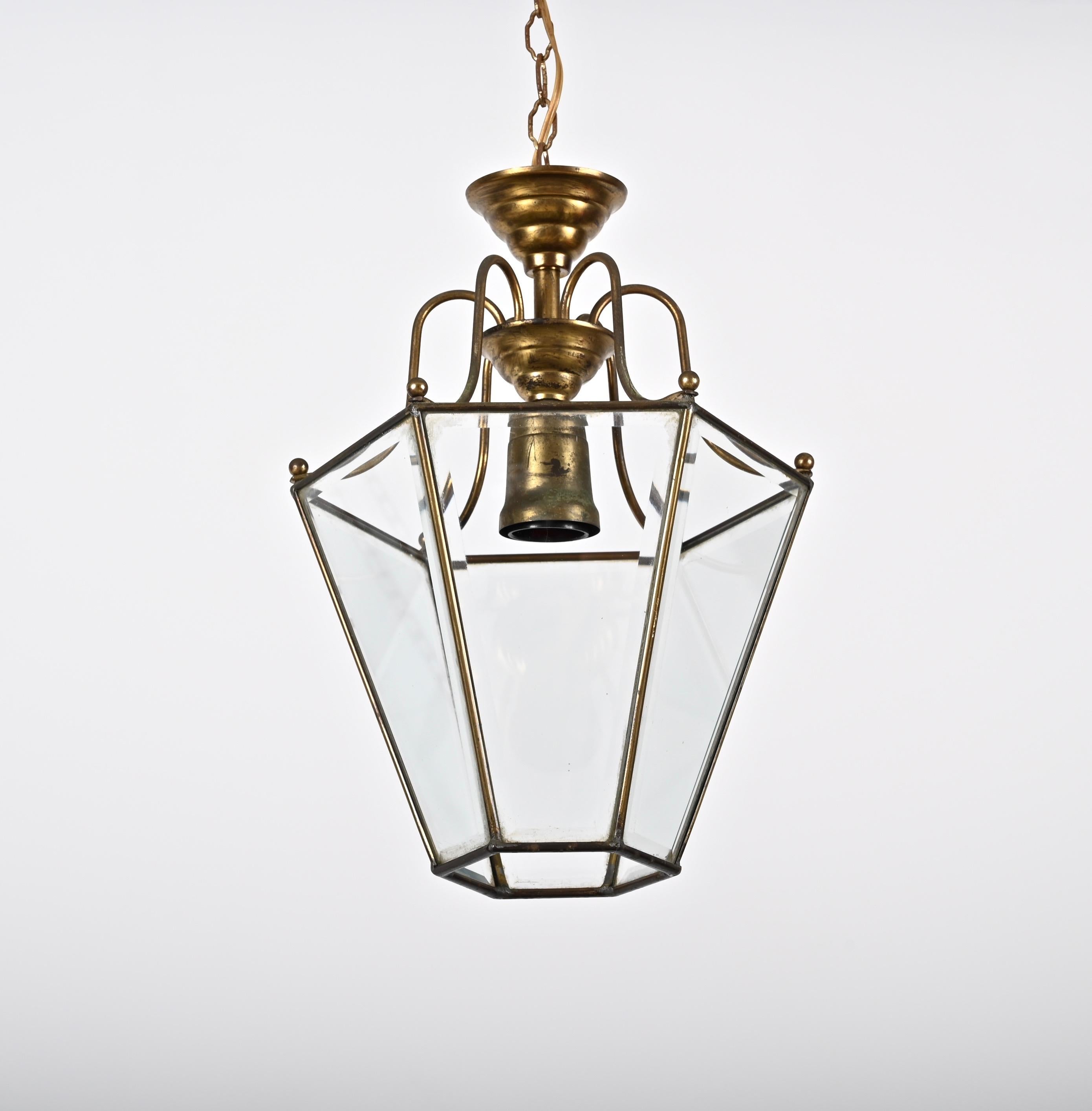 Brass and Beveled Glass Hexagonal Italian Chandelier After Adolf Loos, 1950s For Sale 3