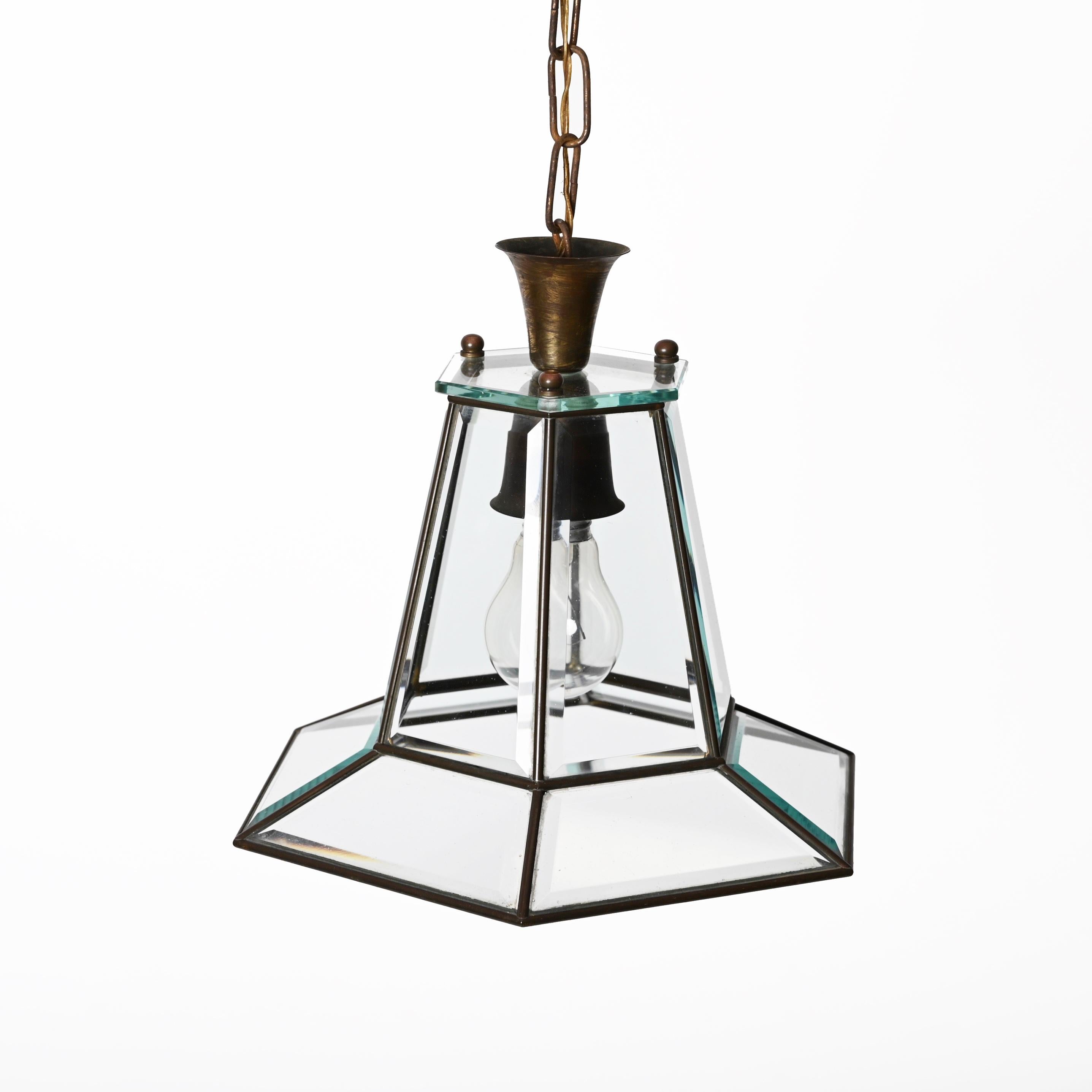 Brass and Beveled Glass Hexagonal Italian Chandelier After Adolf Loos, 1950s For Sale 3