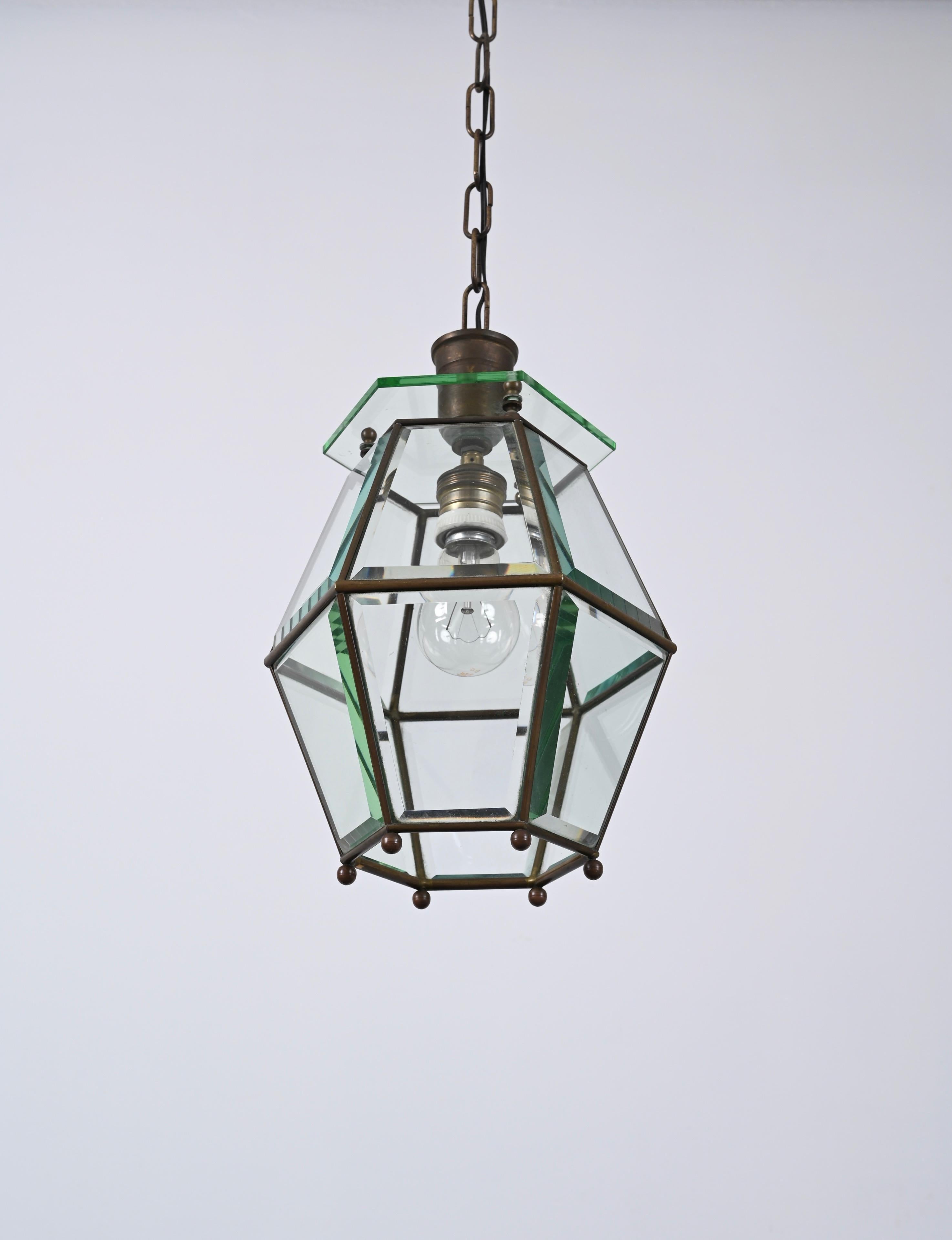 Brass and Beveled Glass Hexagonal Italian Chandelier after Adolf Loos, 1950s For Sale 3