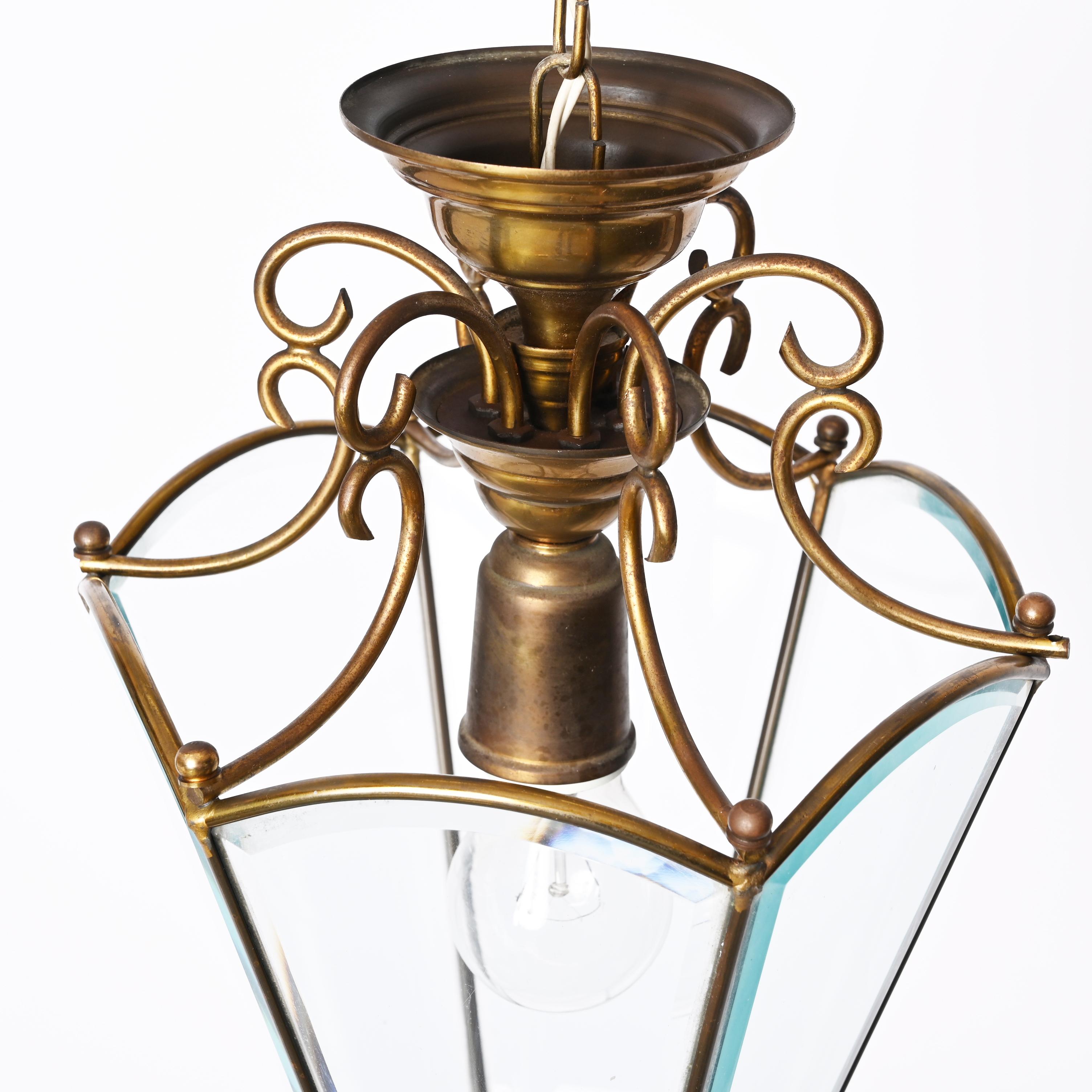 Brass and Beveled Glass Hexagonal Italian Chandelier After Adolf Loos, 1950s For Sale 5