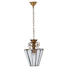 Brass and Beveled Glass Hexagonal Italian Chandelier After Adolf Loos, 1950s
