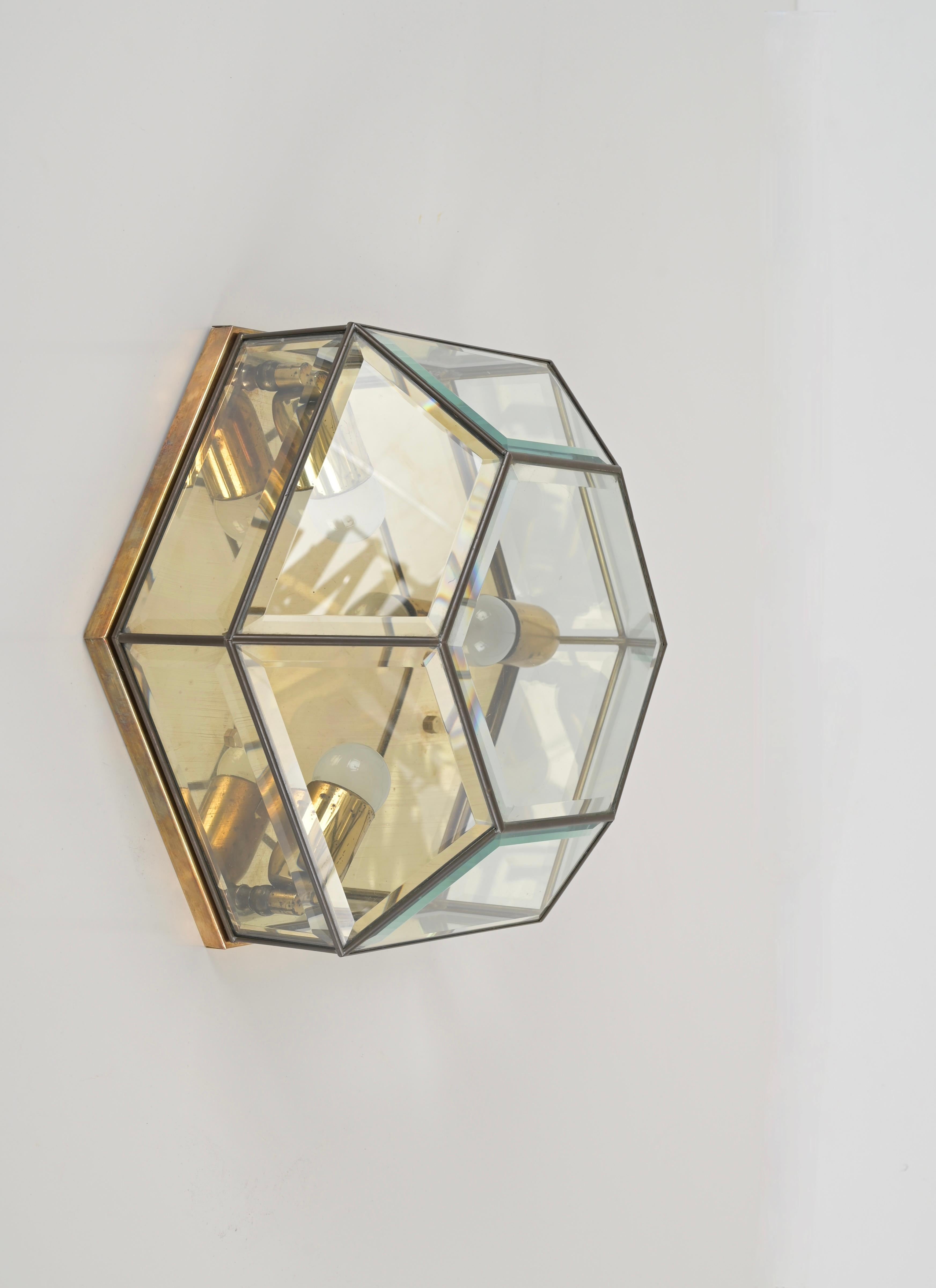 Brass and Beveled Glass Hexagonal Sconce or Ceiling Lamp Fontana Arte Italy 1950 For Sale 2