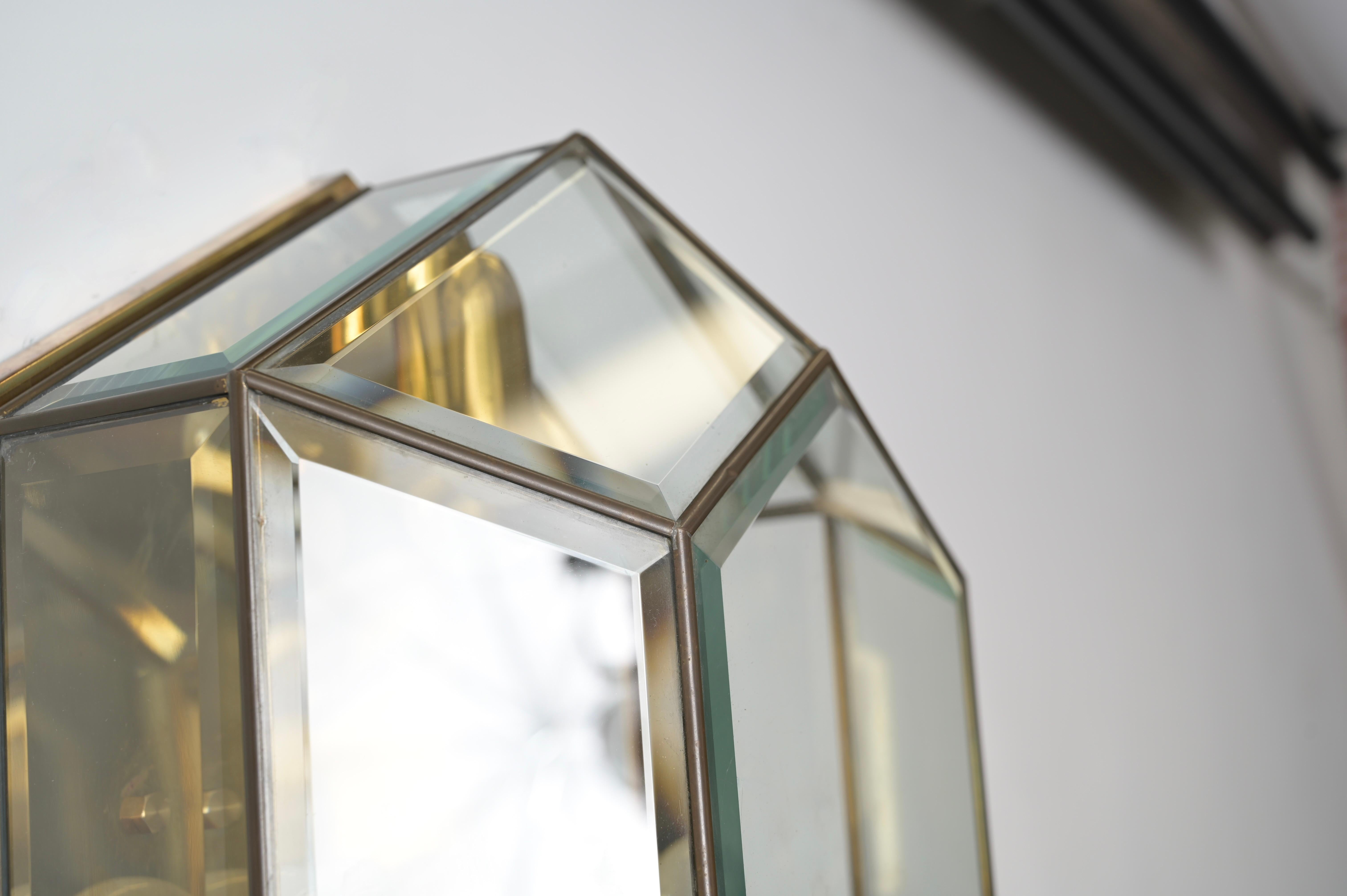 Brass and Beveled Glass Hexagonal Sconce or Ceiling Lamp Fontana Arte Italy 1950 For Sale 3