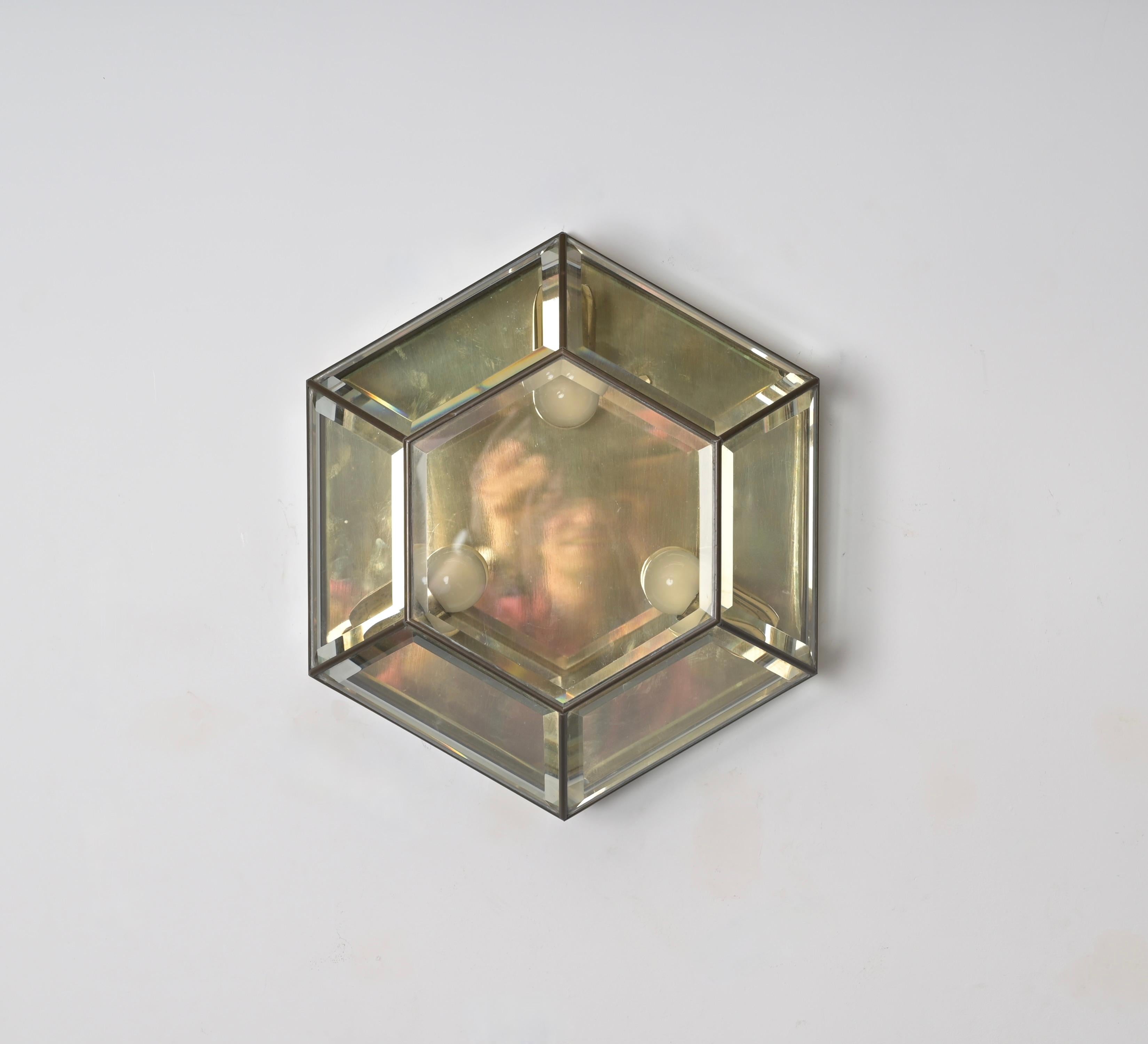 Brass and Beveled Glass Hexagonal Sconce or Ceiling Lamp Fontana Arte Italy 1950 For Sale 4