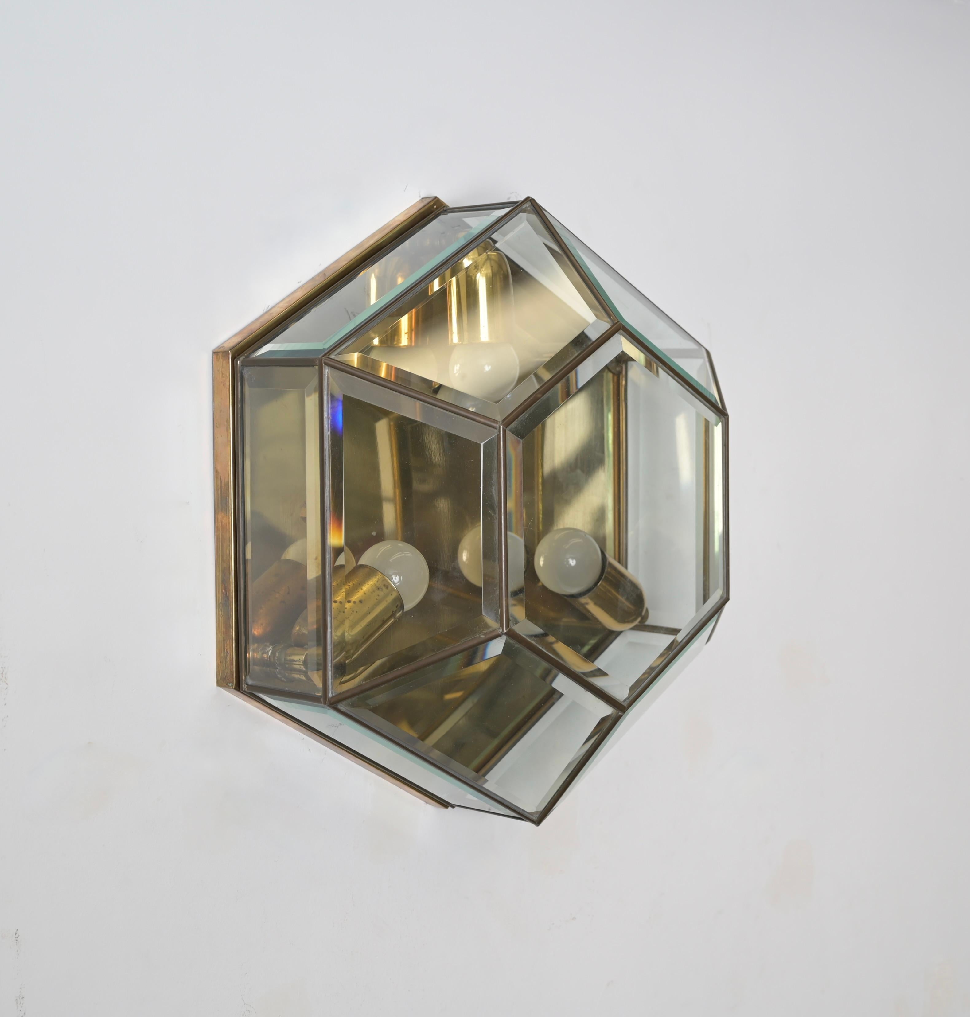 Brass and Beveled Glass Hexagonal Sconce or Ceiling Lamp Fontana Arte Italy 1950 For Sale 5