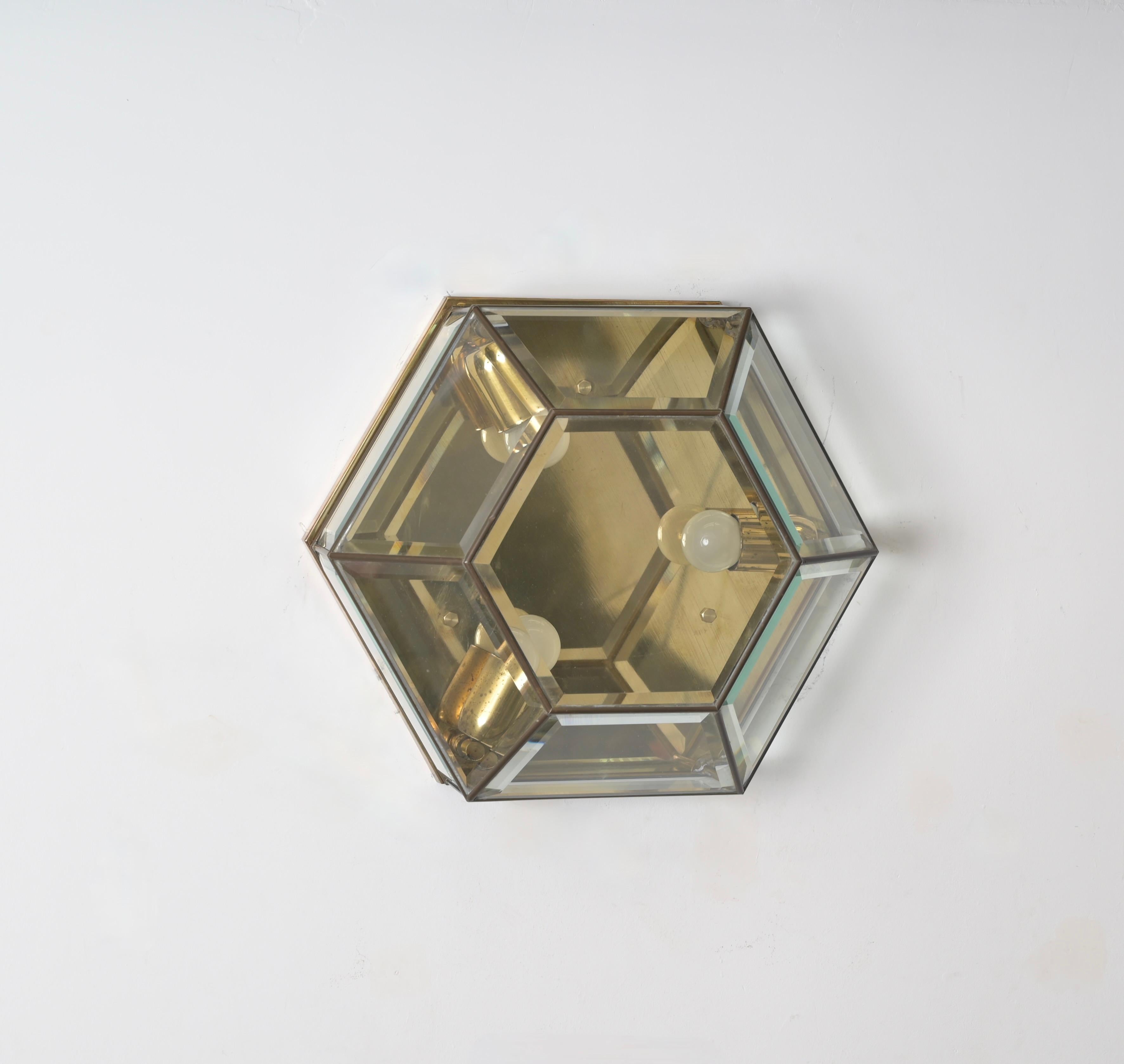 Brass and Beveled Glass Hexagonal Sconce or Ceiling Lamp Fontana Arte Italy 1950 For Sale 6