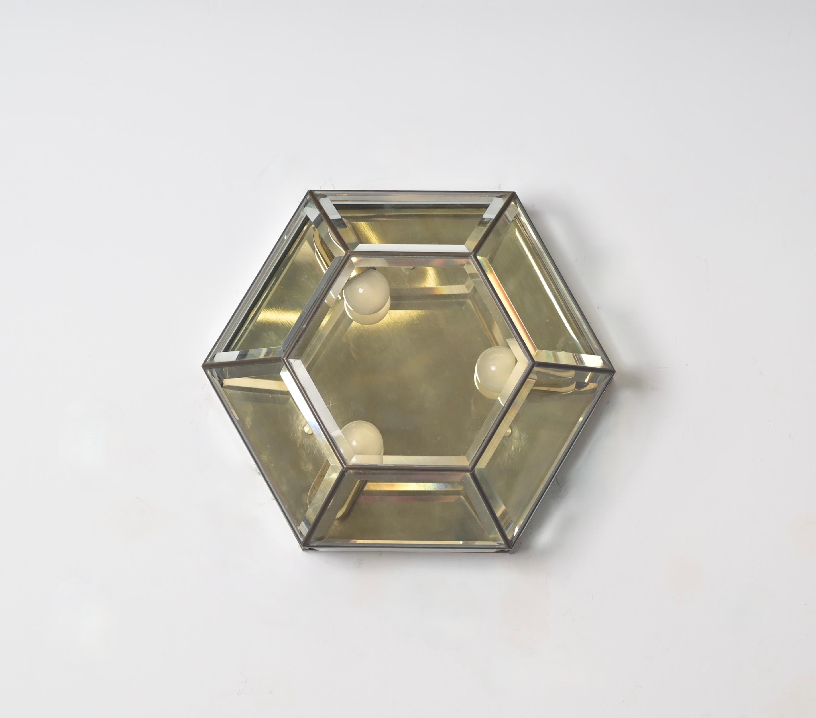 Mid-Century Modern Brass and Beveled Glass Hexagonal Sconce or Ceiling Lamp Fontana Arte Italy 1950 For Sale