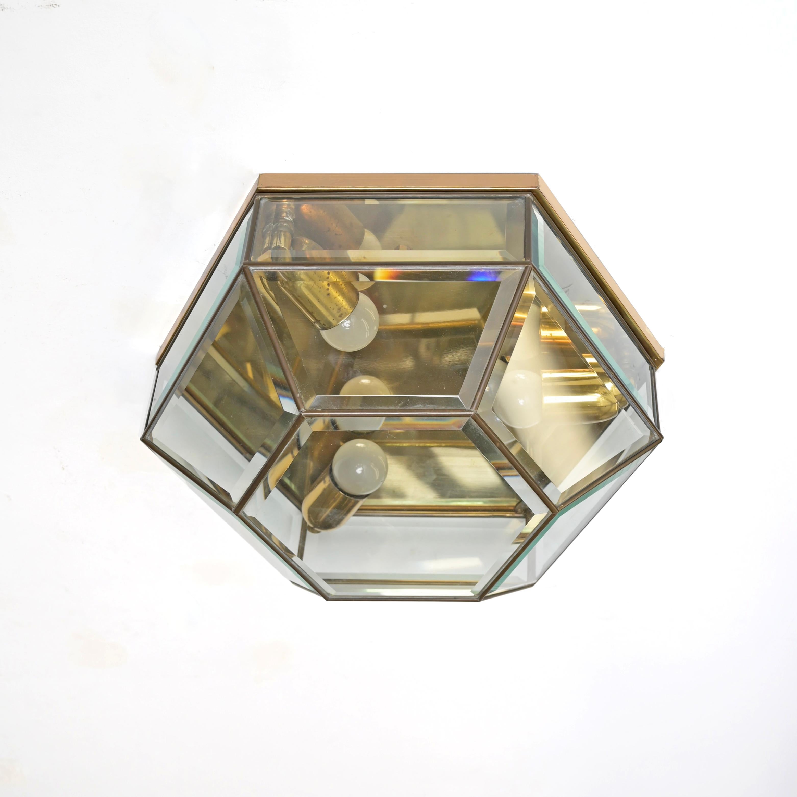 Italian Brass and Beveled Glass Hexagonal Sconce or Ceiling Lamp Fontana Arte Italy 1950 For Sale