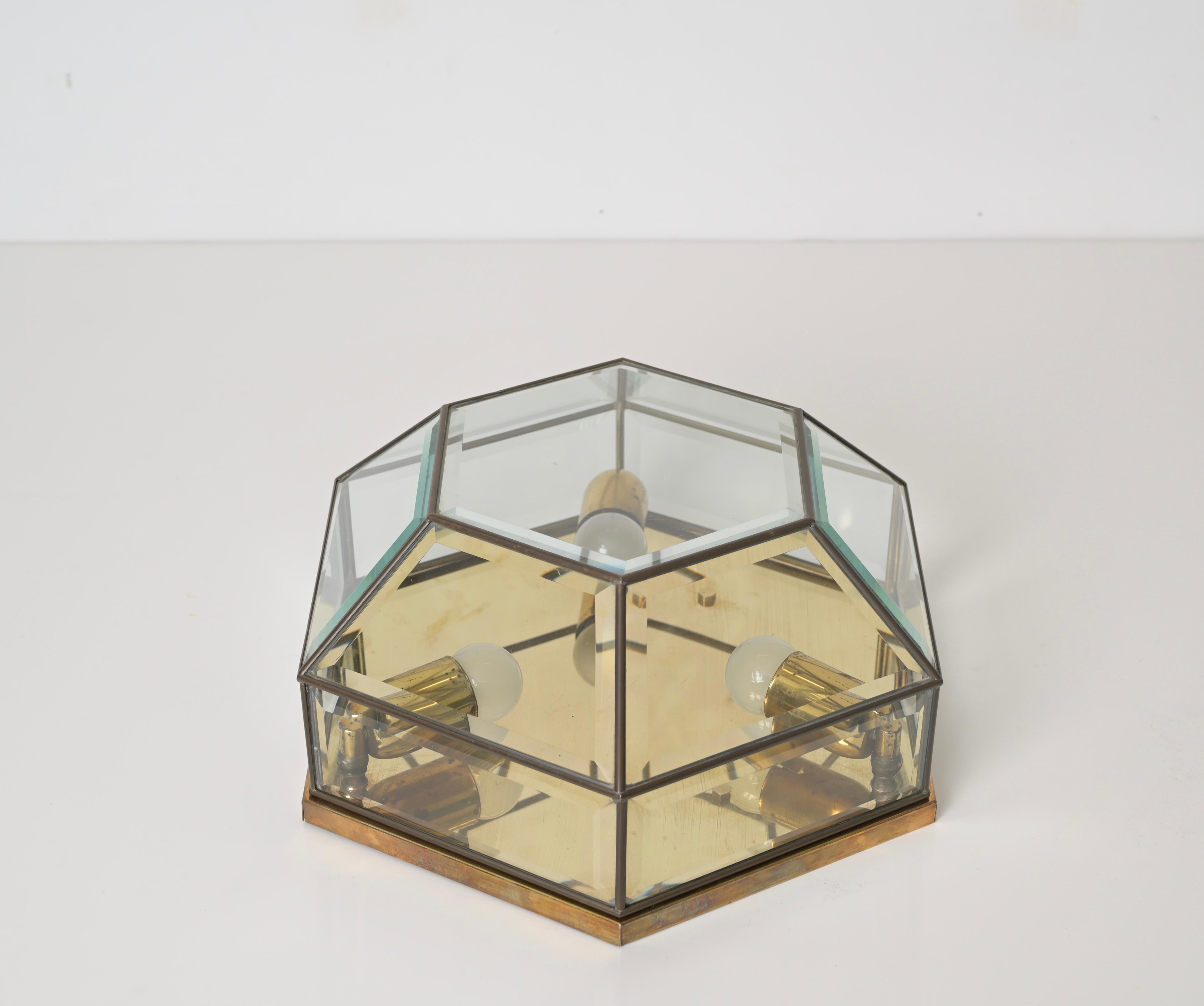 Hand-Crafted Brass and Beveled Glass Hexagonal Sconce or Ceiling Lamp Fontana Arte Italy 1950 For Sale