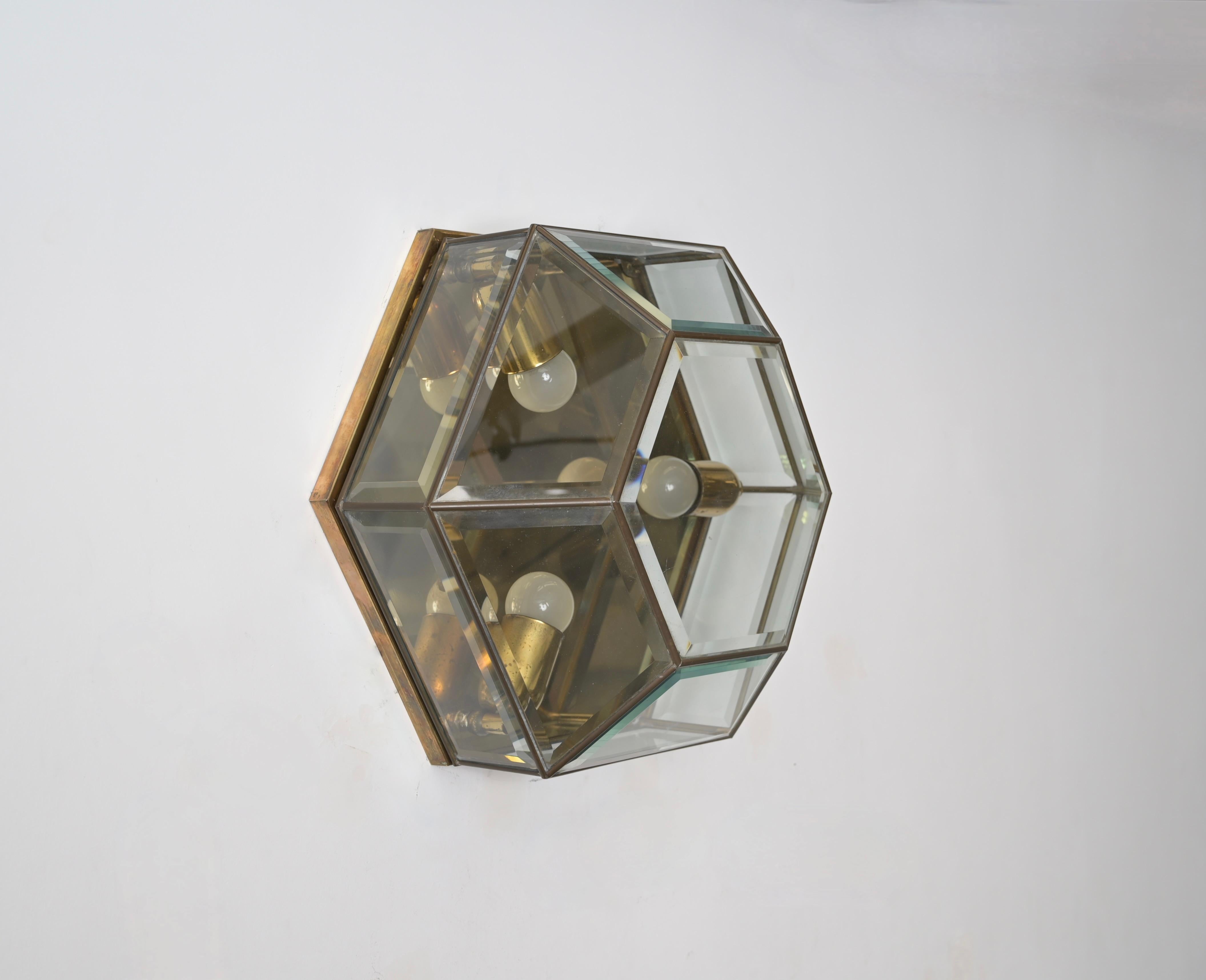 20th Century Brass and Beveled Glass Hexagonal Sconce or Ceiling Lamp Fontana Arte Italy 1950 For Sale