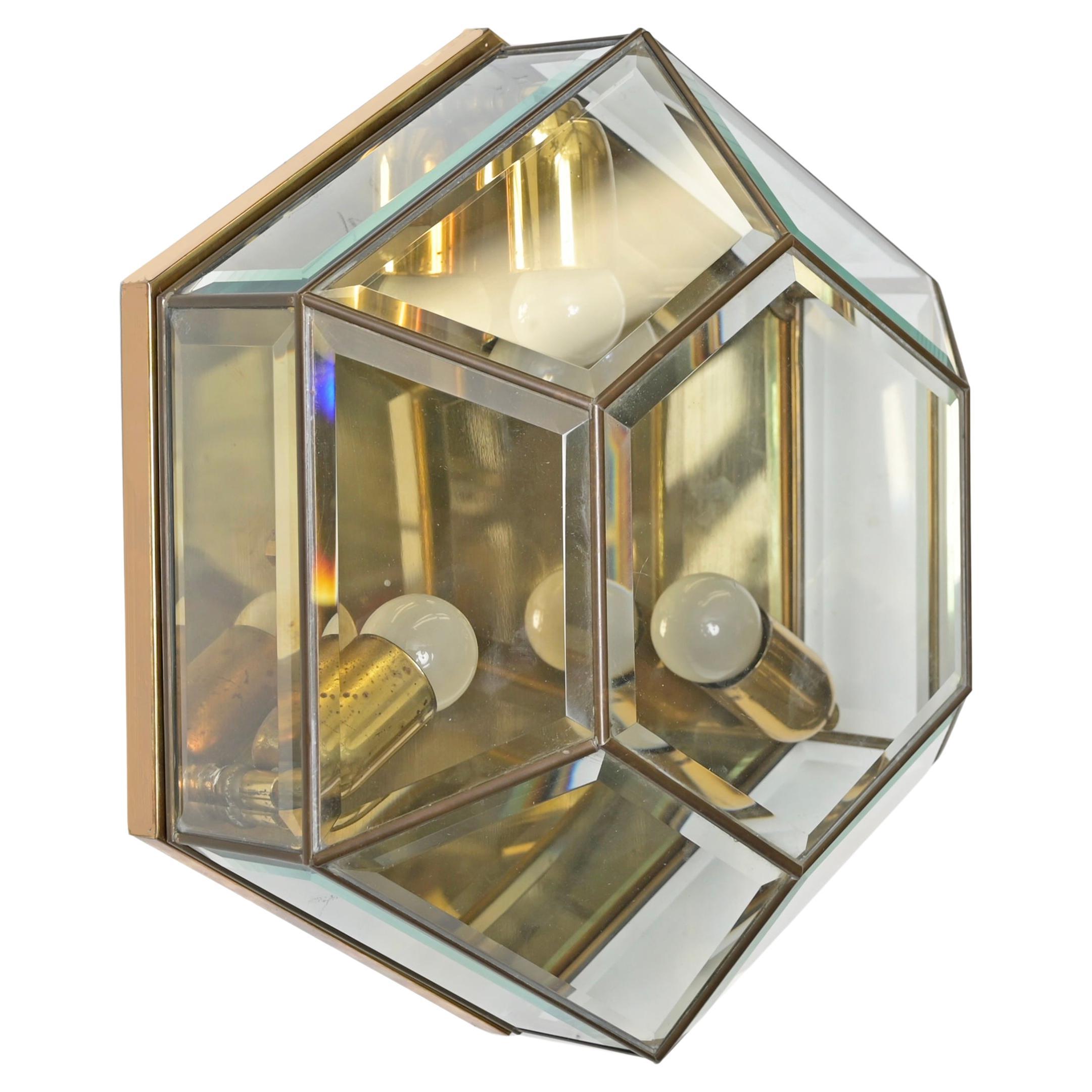 Brass and Beveled Glass Hexagonal Sconce or Ceiling Lamp Fontana Arte Italy 1950 For Sale