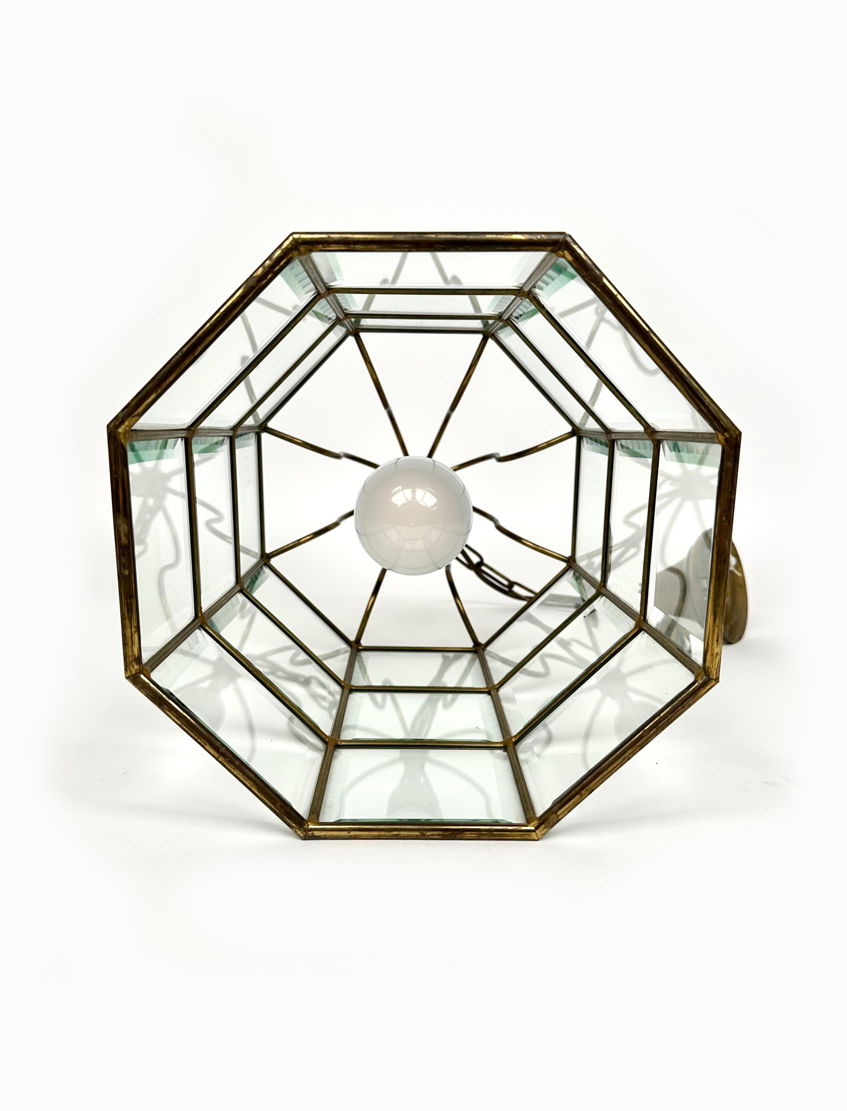Brass and Beveled Glass Pendant Lantern Adolf Loos Style, Italy 1950s For Sale 3