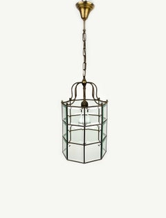 Brass and Beveled Glass Pendant Lantern Adolf Loos Style, Italy 1950s