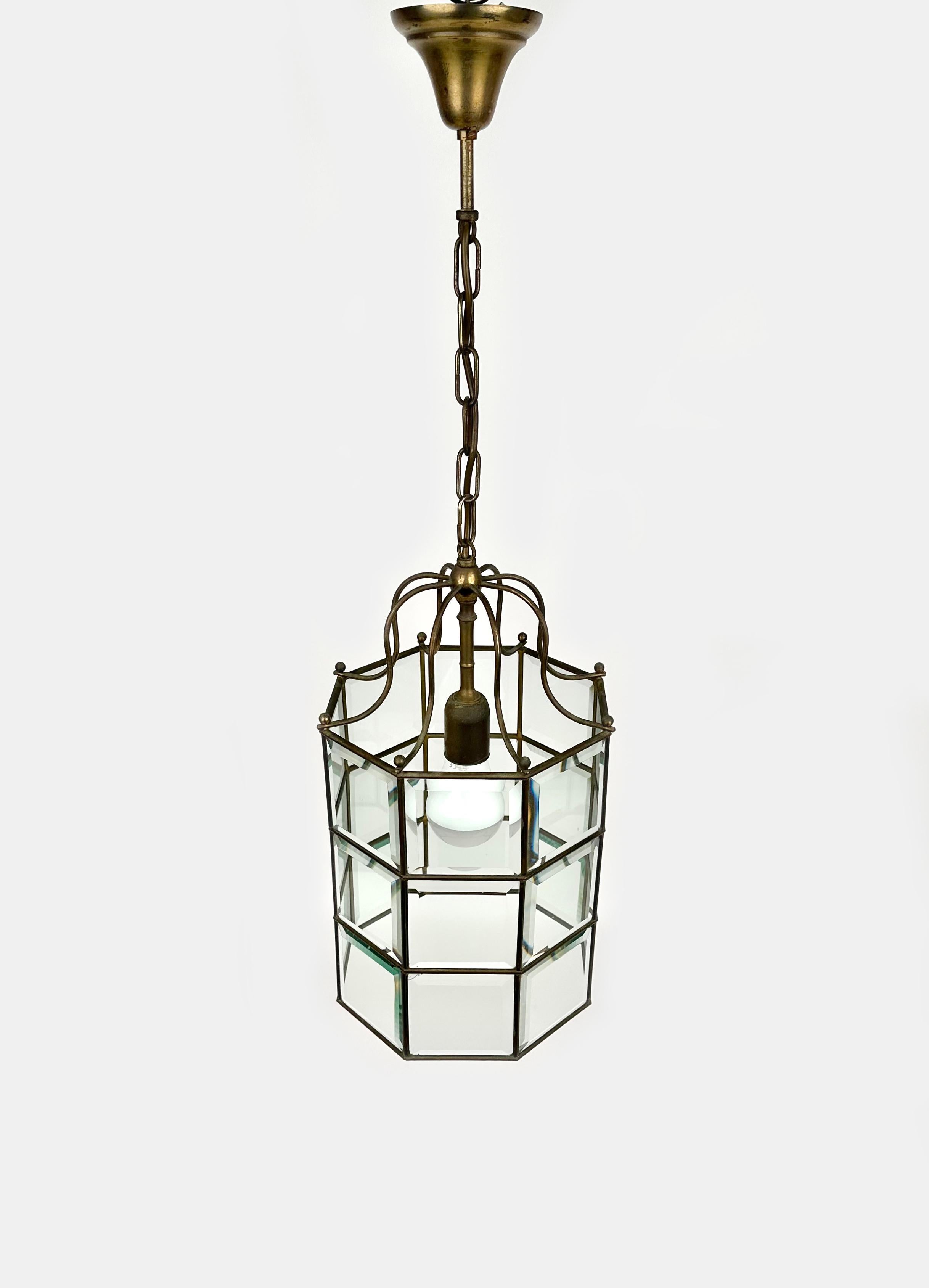 Mid-Century Modern Brass and Beveled Glass Pendant Lantern Adolf Loos Style, Italy 1950s For Sale