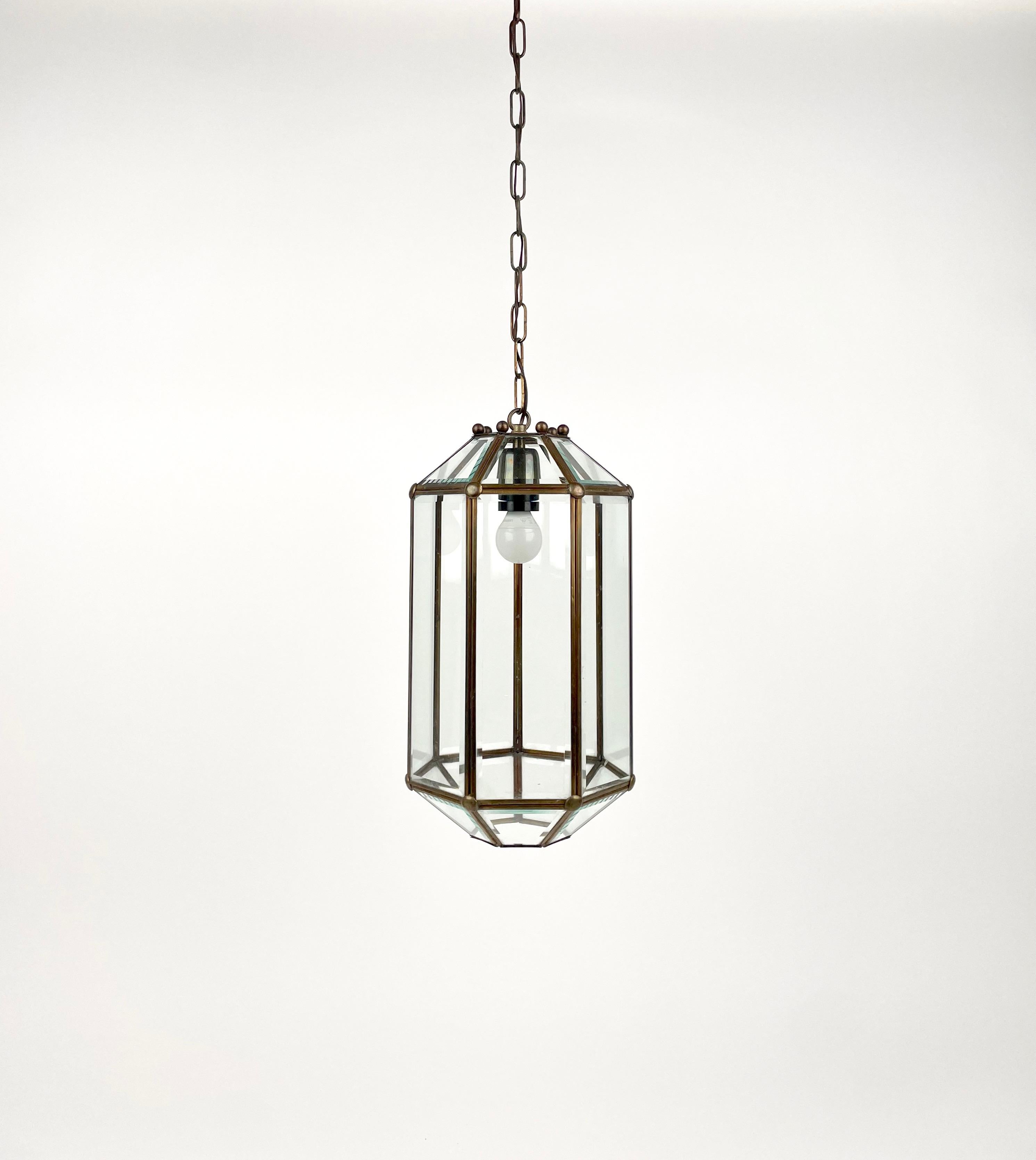 Italian Brass and Beveled Glass Pendant Lantern Adolf Loos Style, Italy 1950s For Sale