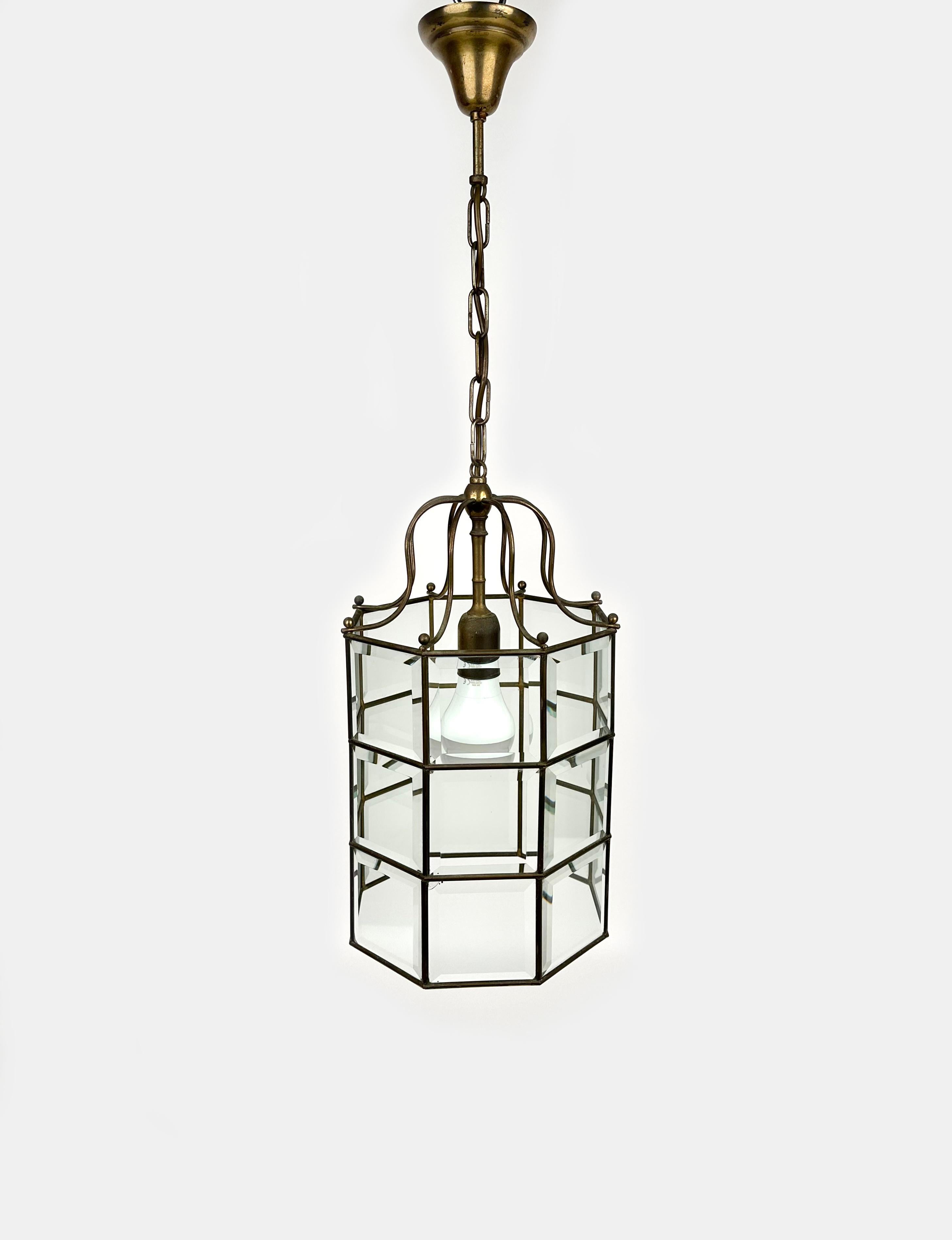 Italian Brass and Beveled Glass Pendant Lantern Adolf Loos Style, Italy 1950s For Sale