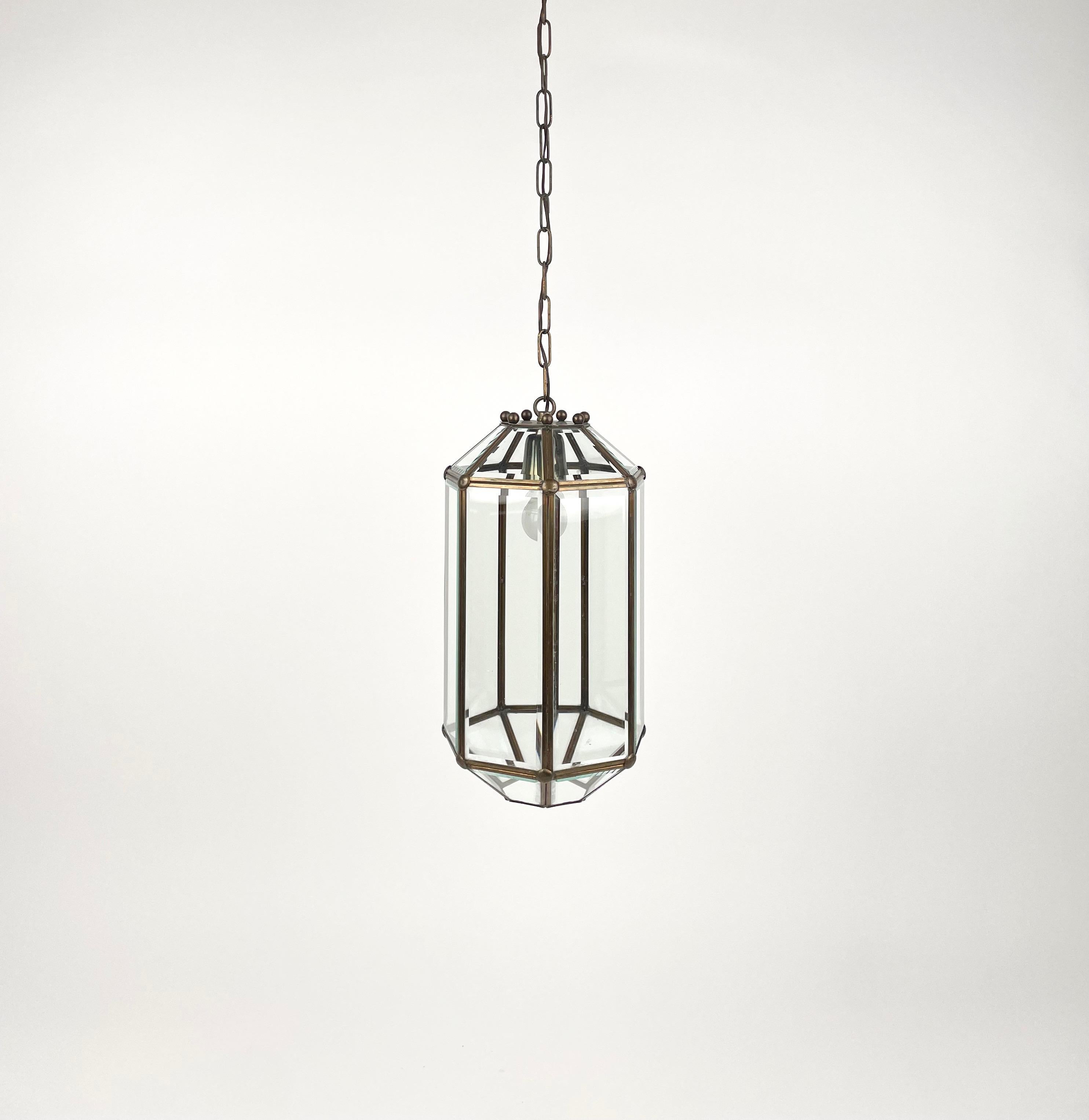 Brass and Beveled Glass Pendant Lantern Adolf Loos Style, Italy 1950s In Good Condition For Sale In Rome, IT