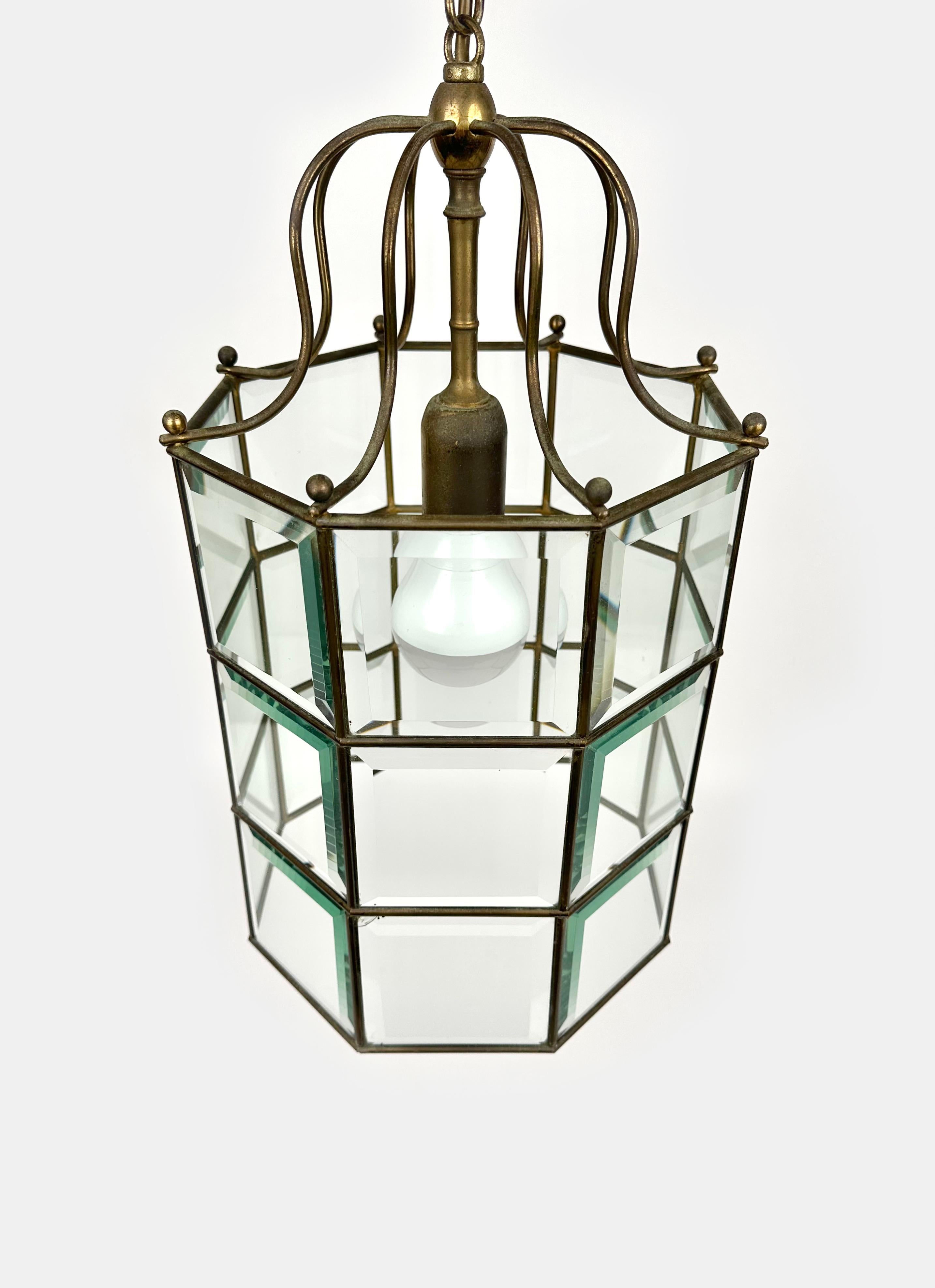 Brass and Beveled Glass Pendant Lantern Adolf Loos Style, Italy 1950s In Good Condition For Sale In Rome, IT