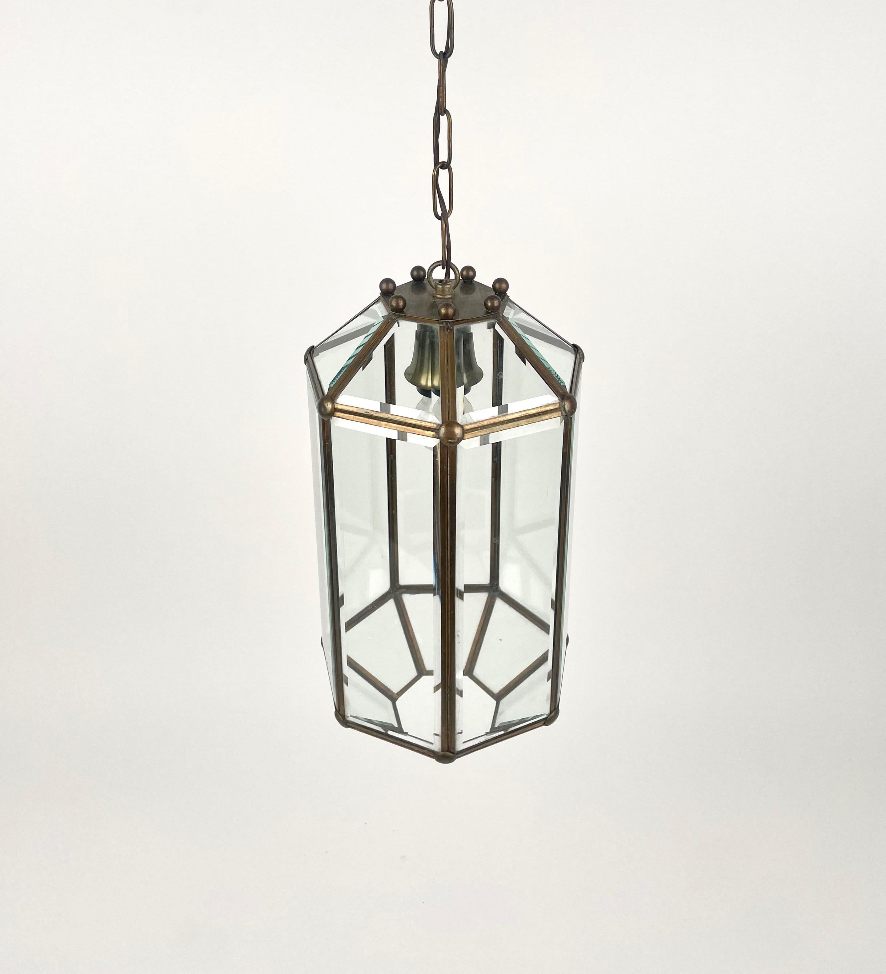 Mid-20th Century Brass and Beveled Glass Pendant Lantern Adolf Loos Style, Italy 1950s For Sale