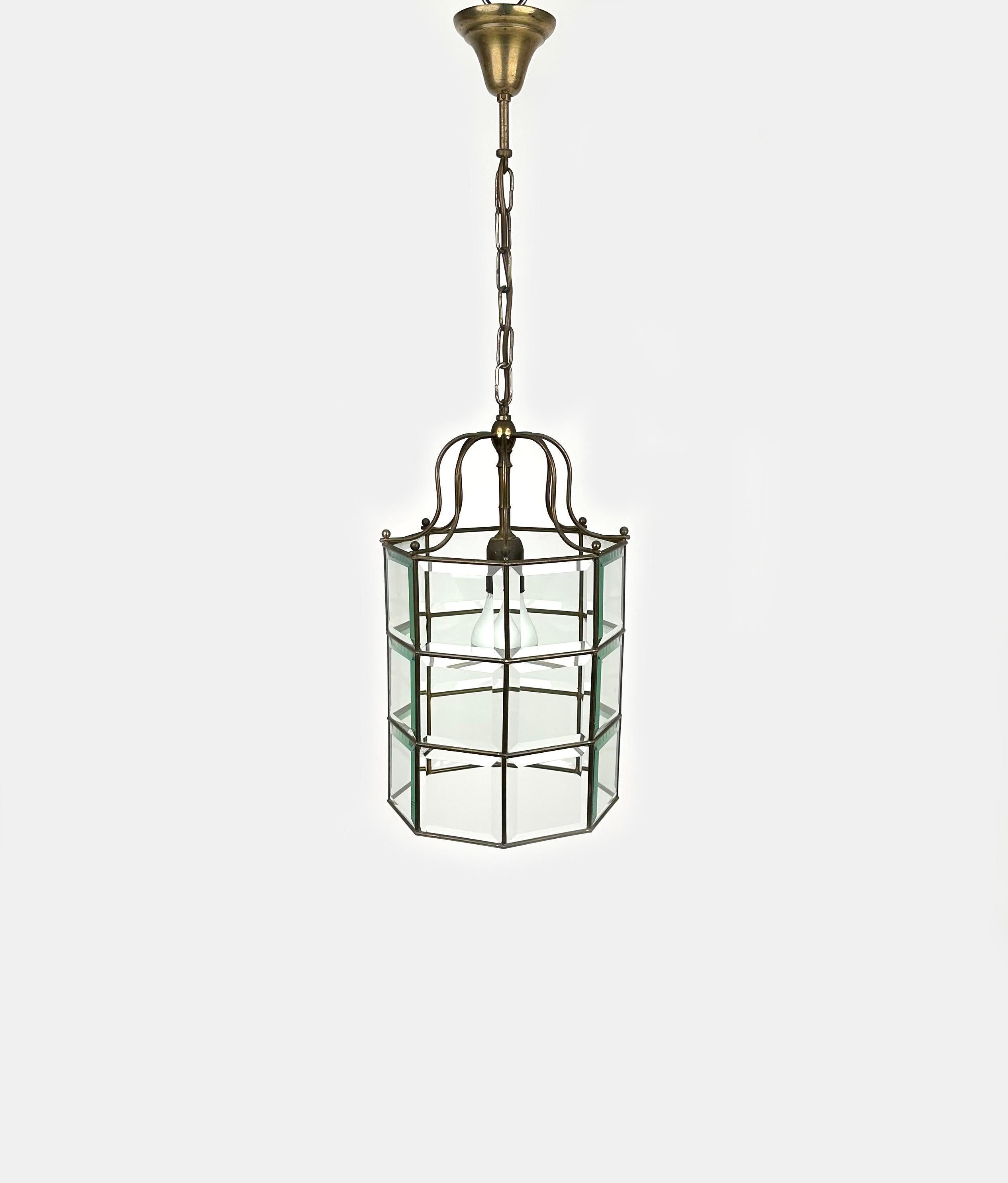 Mid-20th Century Brass and Beveled Glass Pendant Lantern Adolf Loos Style, Italy 1950s For Sale