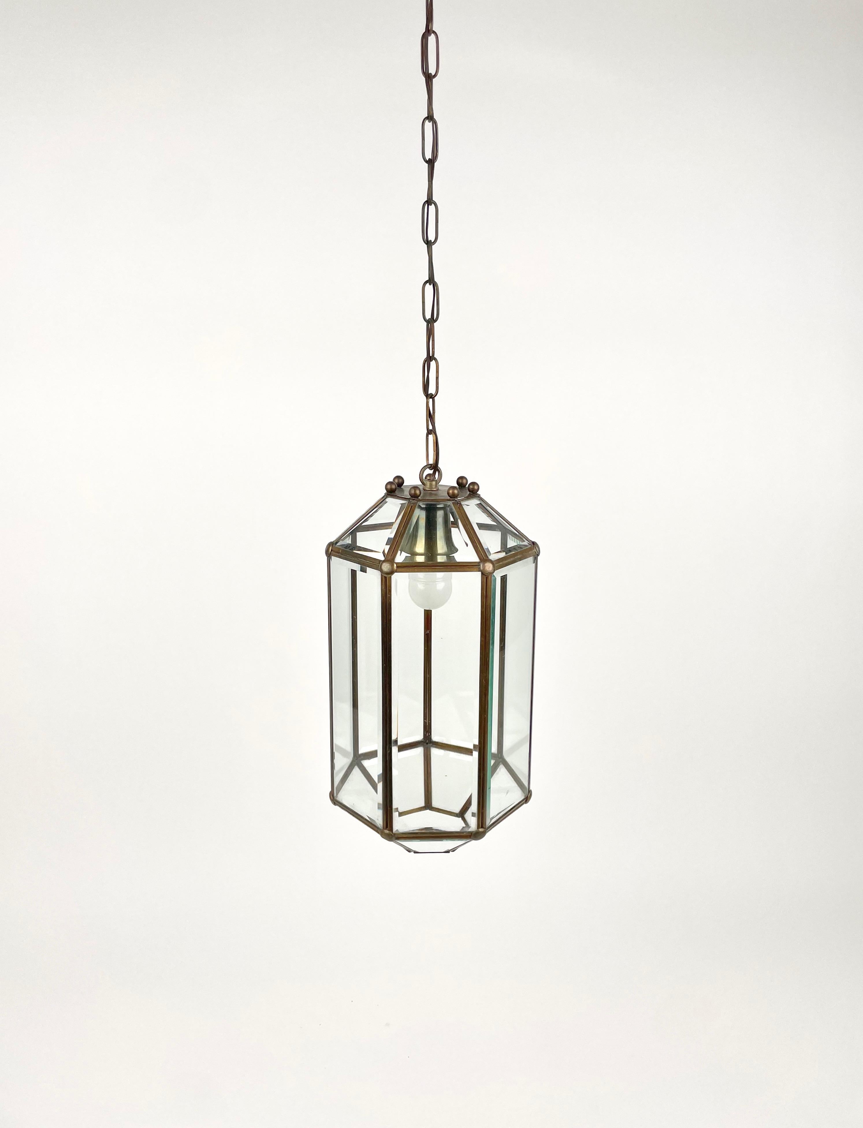 Metal Brass and Beveled Glass Pendant Lantern Adolf Loos Style, Italy 1950s For Sale
