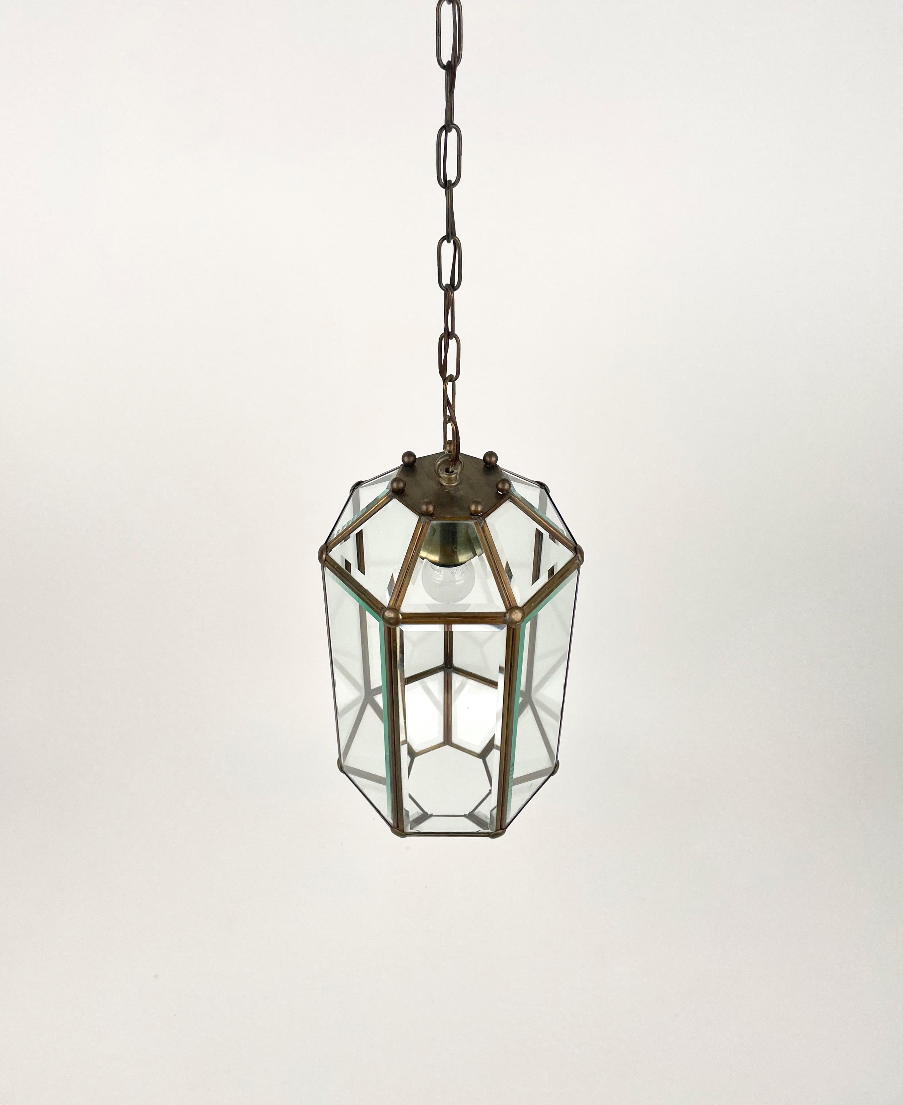 Brass and Beveled Glass Pendant Lantern Adolf Loos Style, Italy 1950s For Sale 1