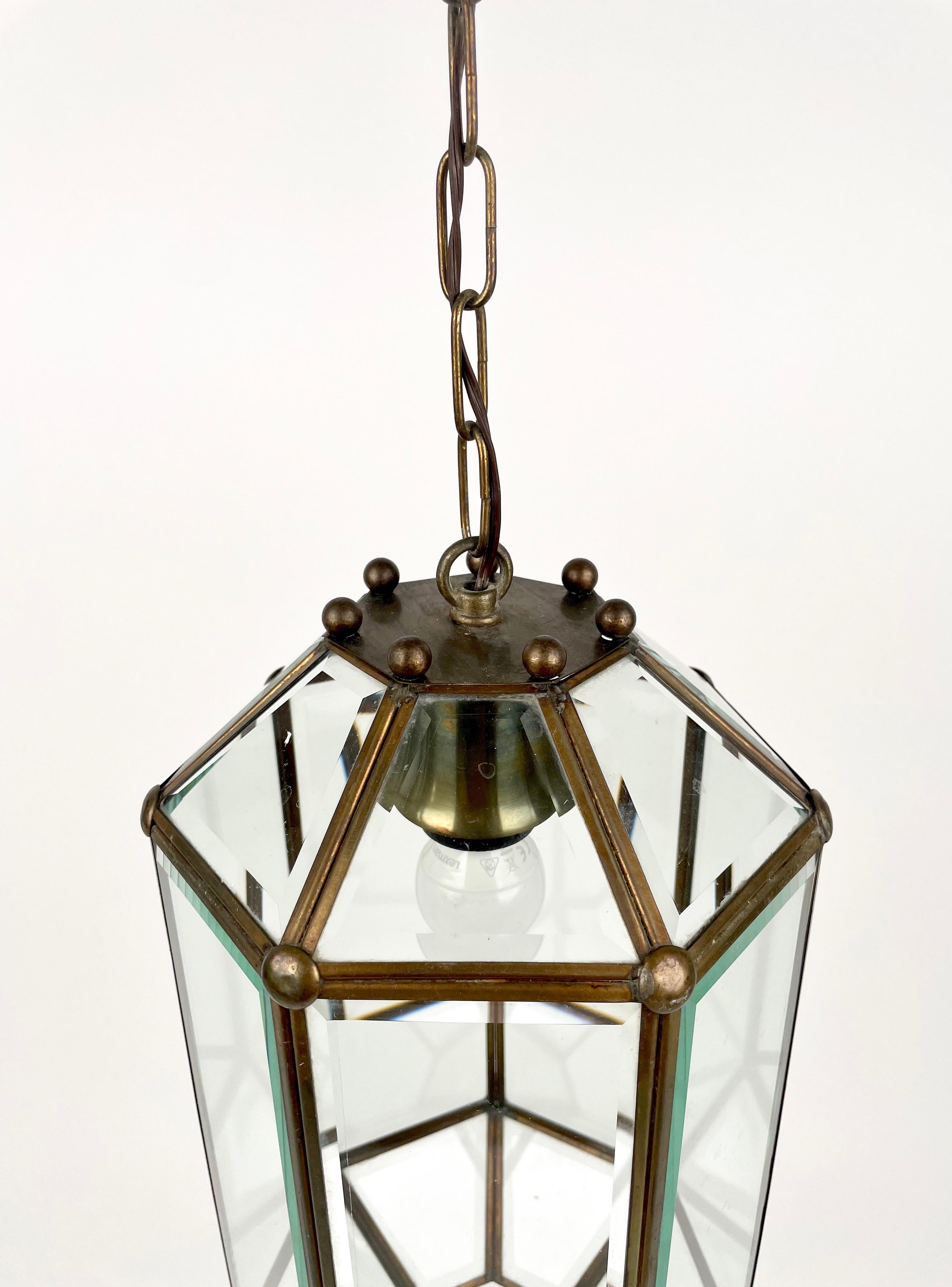 Brass and Beveled Glass Pendant Lantern Adolf Loos Style, Italy 1950s For Sale 2