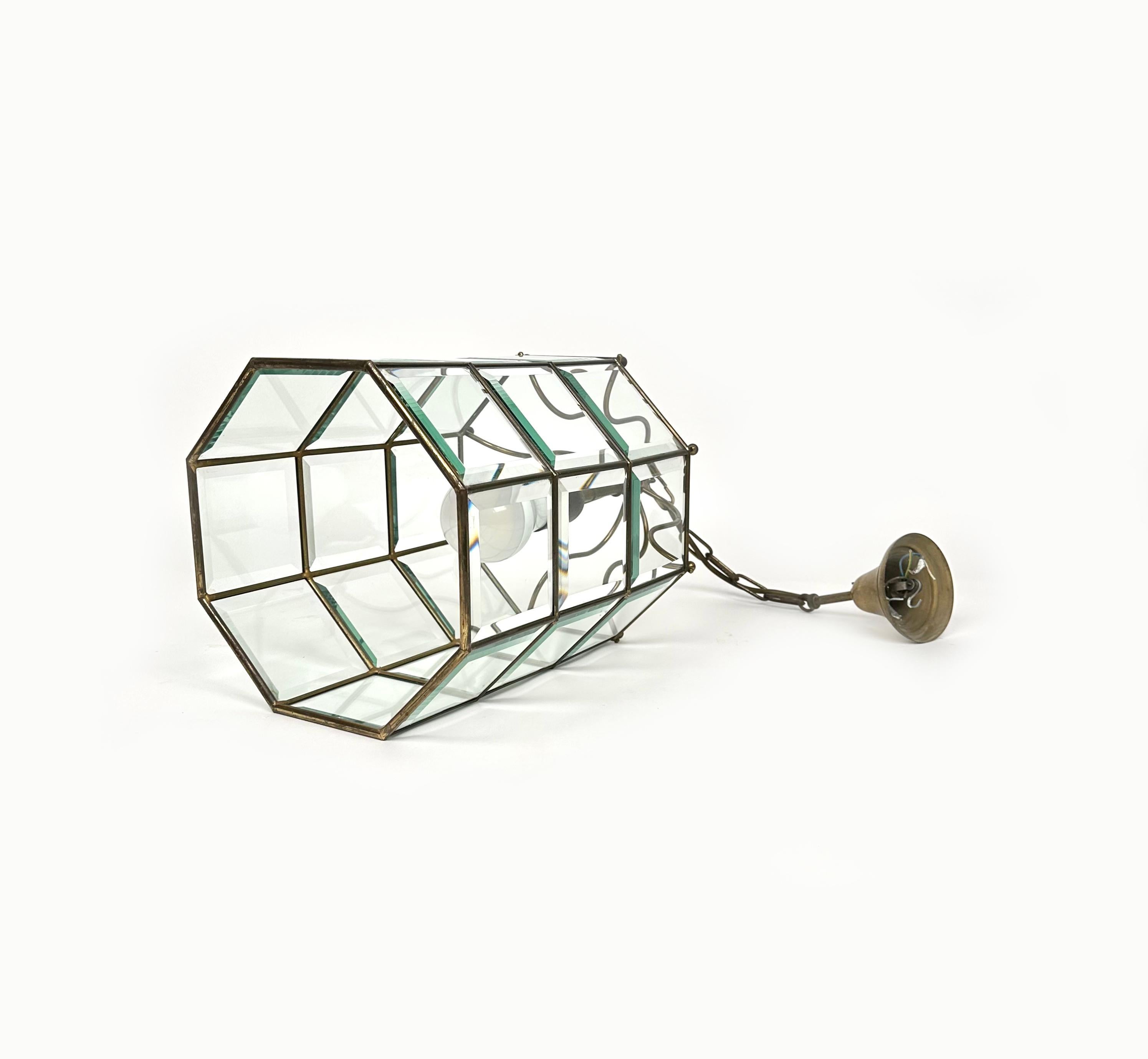 Brass and Beveled Glass Pendant Lantern Adolf Loos Style, Italy 1950s For Sale 2
