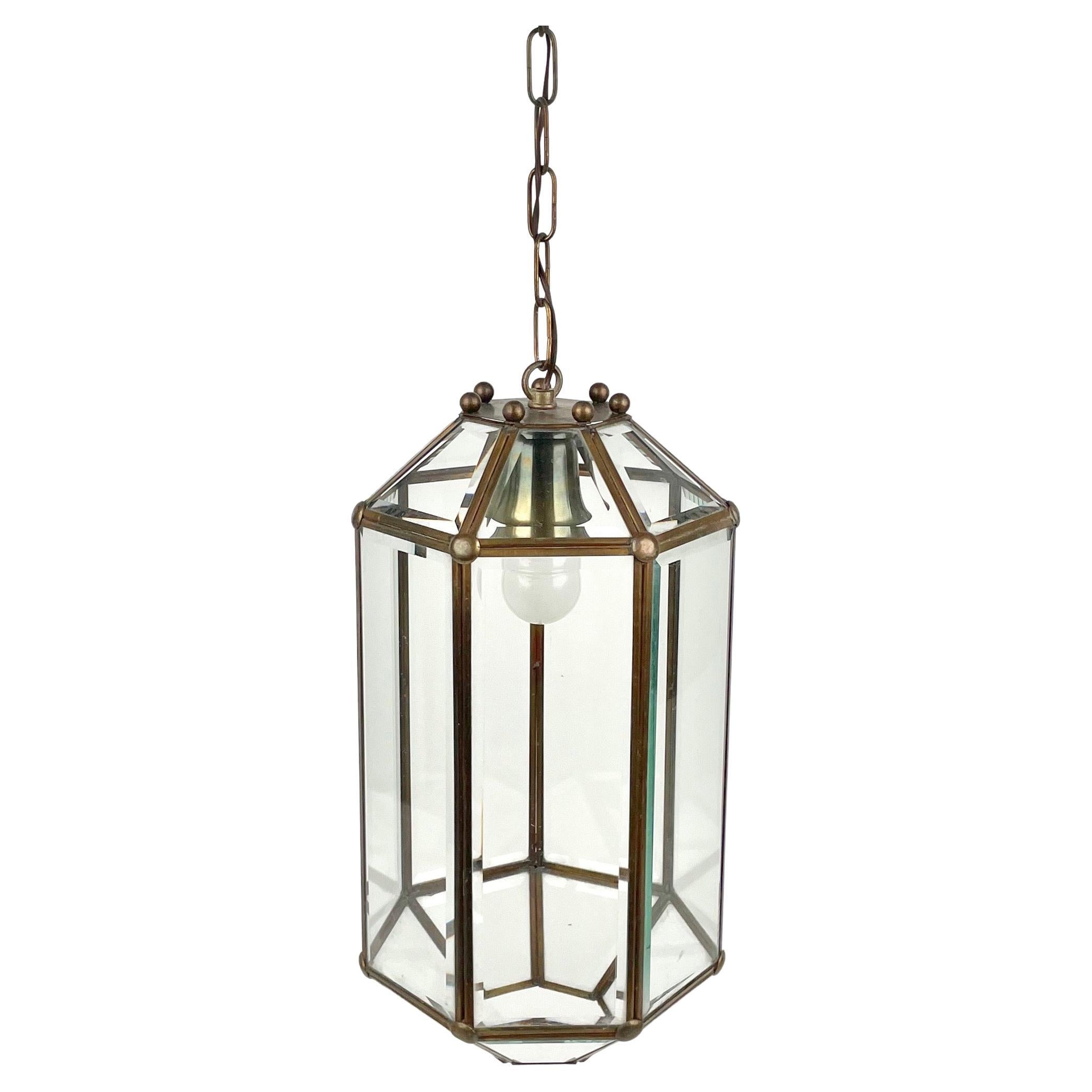 Brass and Beveled Glass Pendant Lantern Adolf Loos Style, Italy 1950s