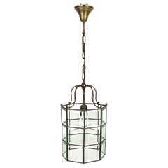 Brass and Beveled Glass Pendant Lantern Adolf Loos Style, Italy 1950s